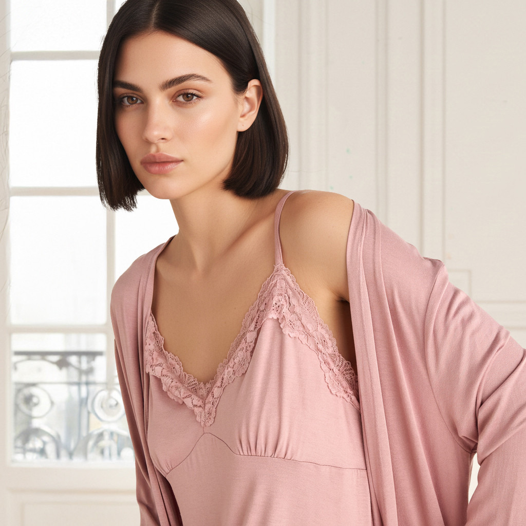 Night Dress with Robe Sleeveless Lace Detail-women-clothing-nightwear-nighties-image-4