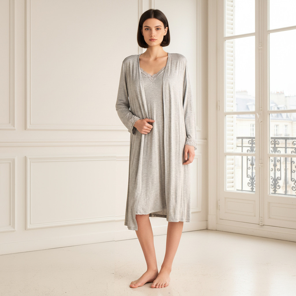 Night Dress with Robe Sleeveless Lace Detail-women-clothing-nightwear-nighties-image-1