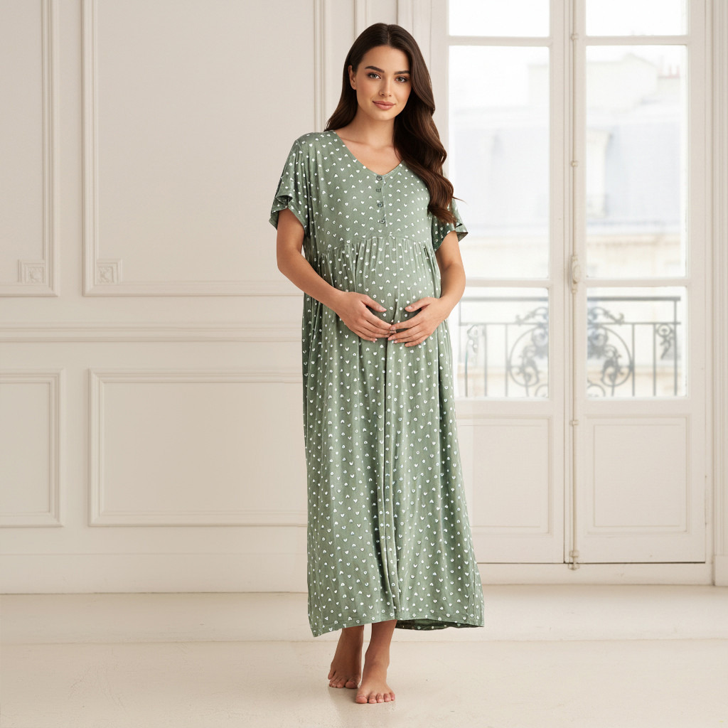 فستان نوم للحوامل ماكسي بأكمام قصيرة بطبعات قلوب-women-clothing-nightwear-nighties-image-1