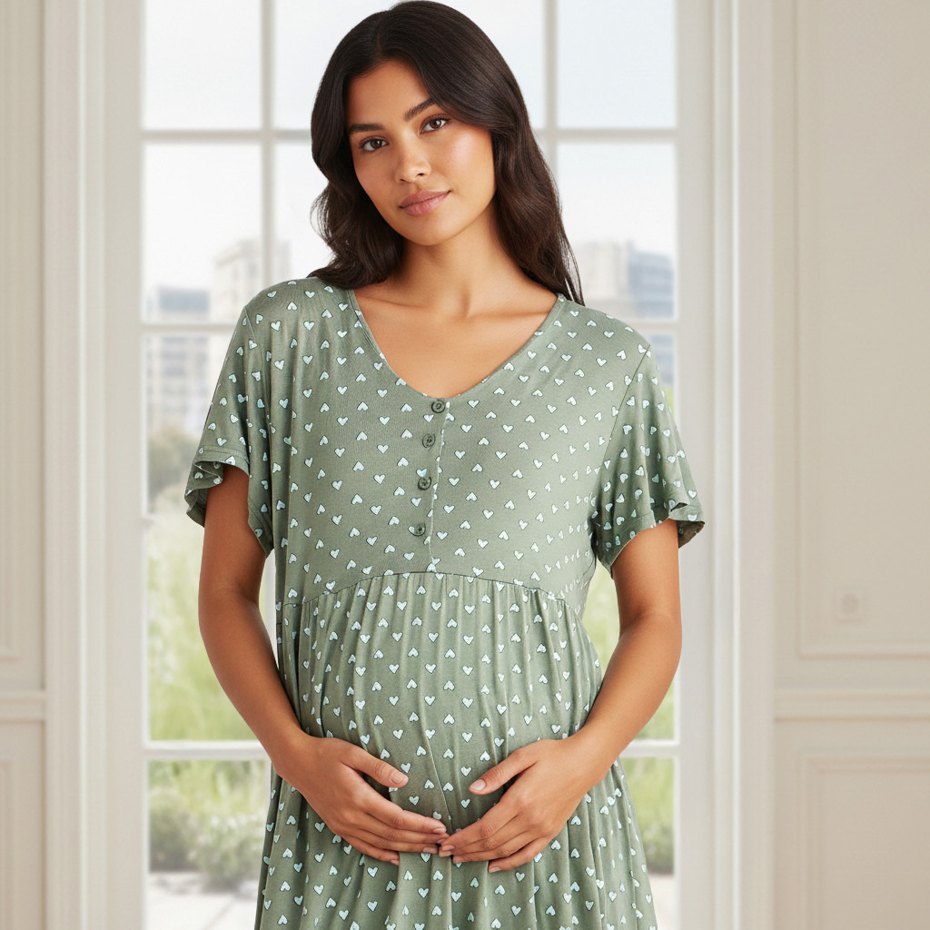 فستان نوم للحوامل ماكسي بأكمام قصيرة بطبعات قلوب-women-clothing-nightwear-nighties-image-3
