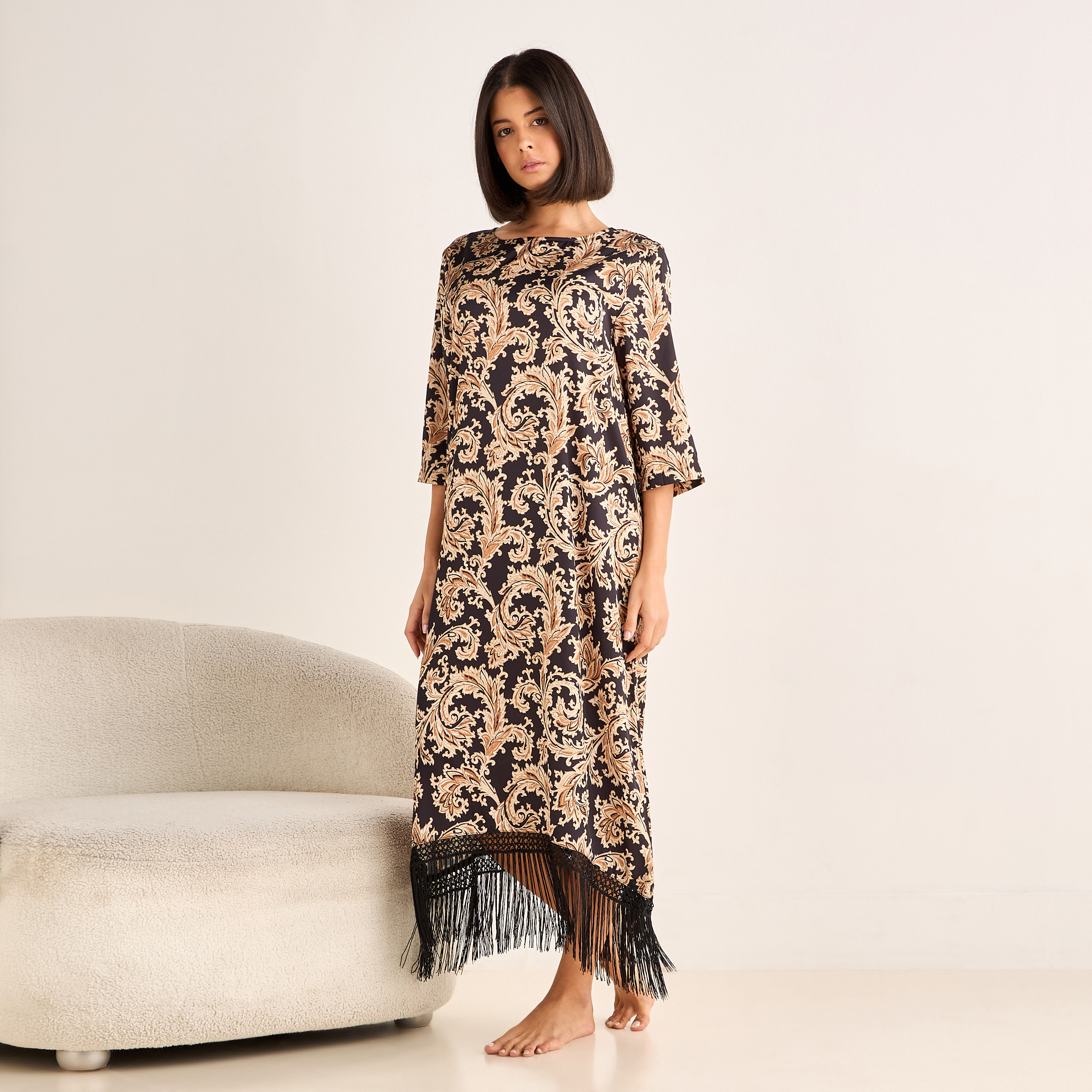 Night Gown 3/4 Sleeve Printed Satin-women-clothing-nightwear-nighties-image-1