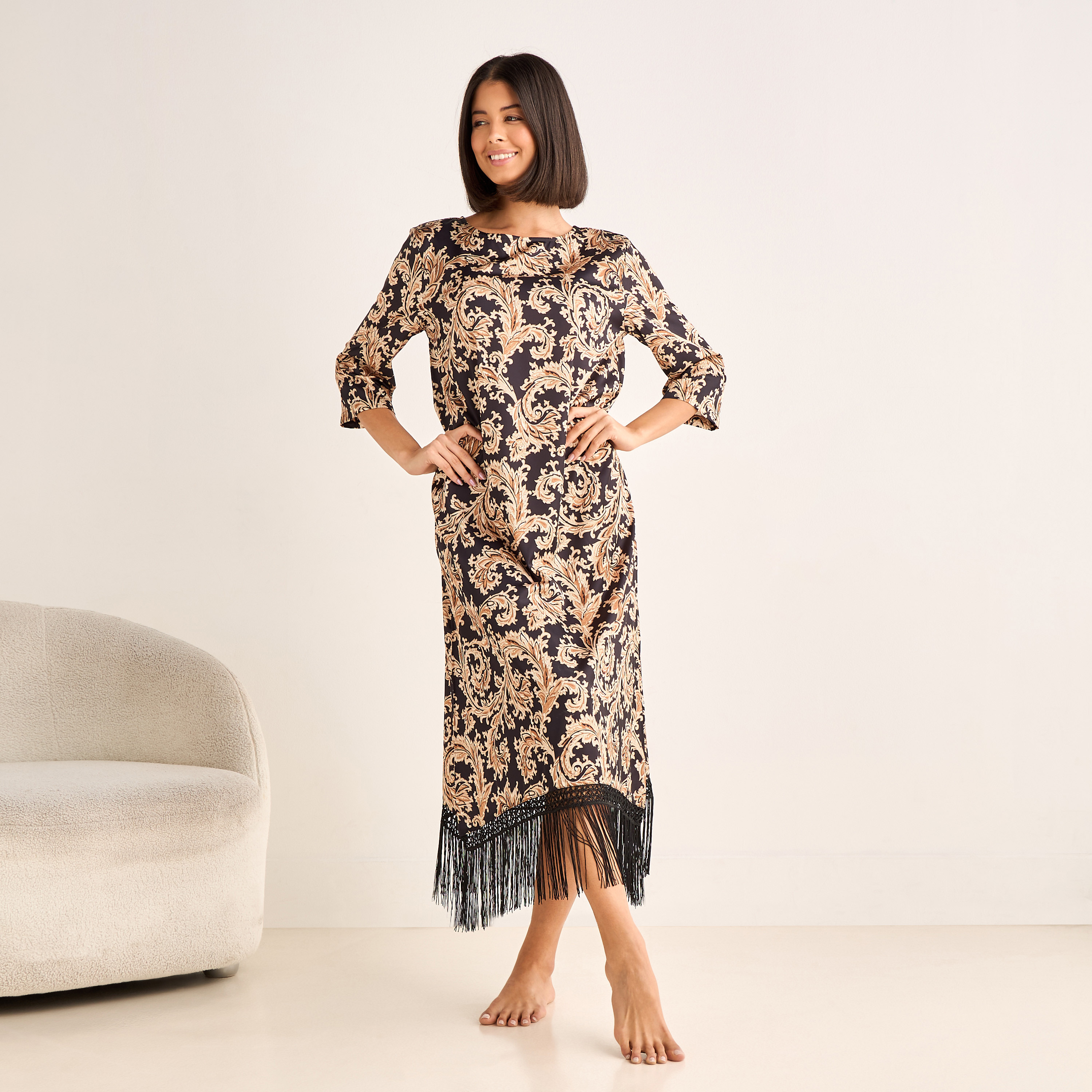 Night Gown 3/4 Sleeve Printed Satin-women-clothing-nightwear-nighties-image-2