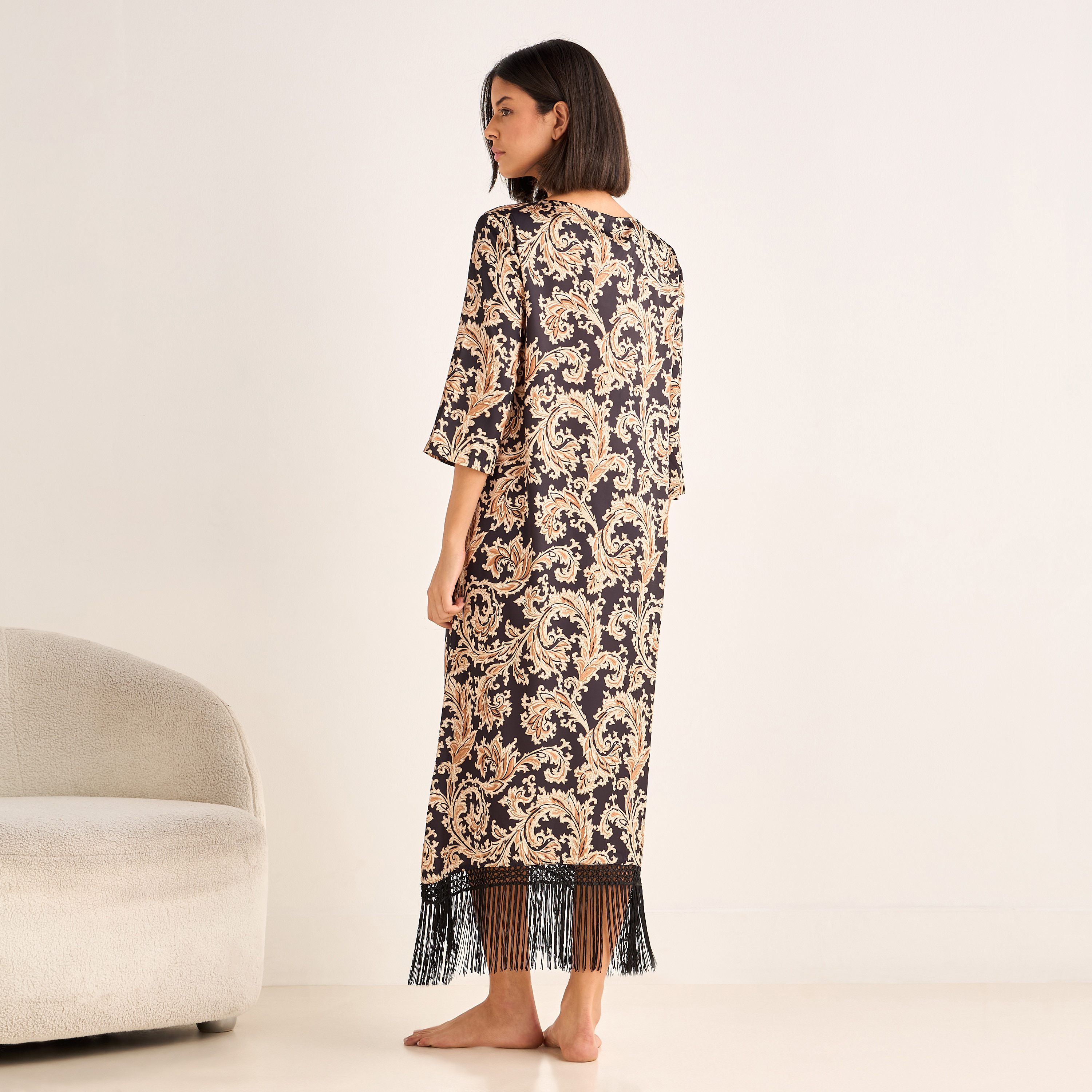 Night Gown 3/4 Sleeve Printed Satin-women-clothing-nightwear-nighties-image-3