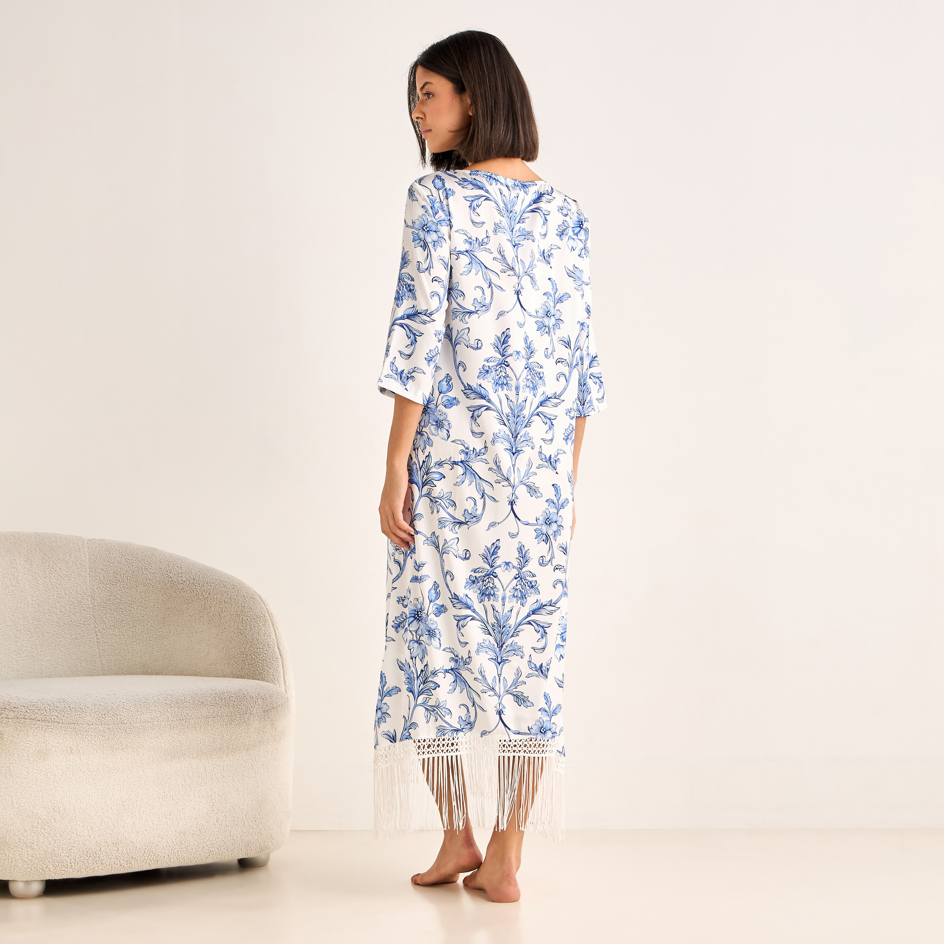 Night Gown 3/4 Sleeve Printed Satin-women-clothing-nightwear-nighties-image-3