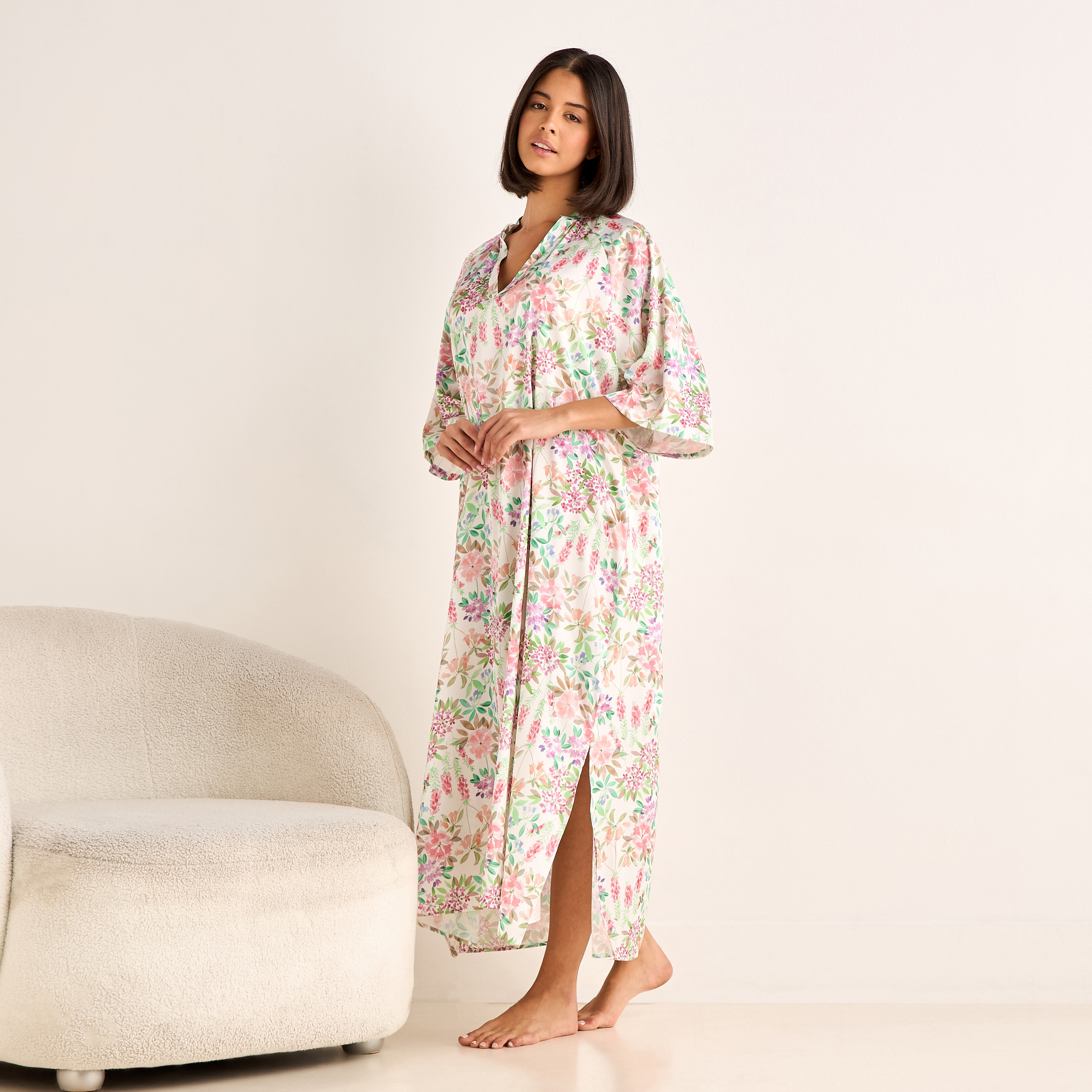 Night Gown 3/4 Sleeve Floral Print-women-clothing-nightwear-nighties-image-2