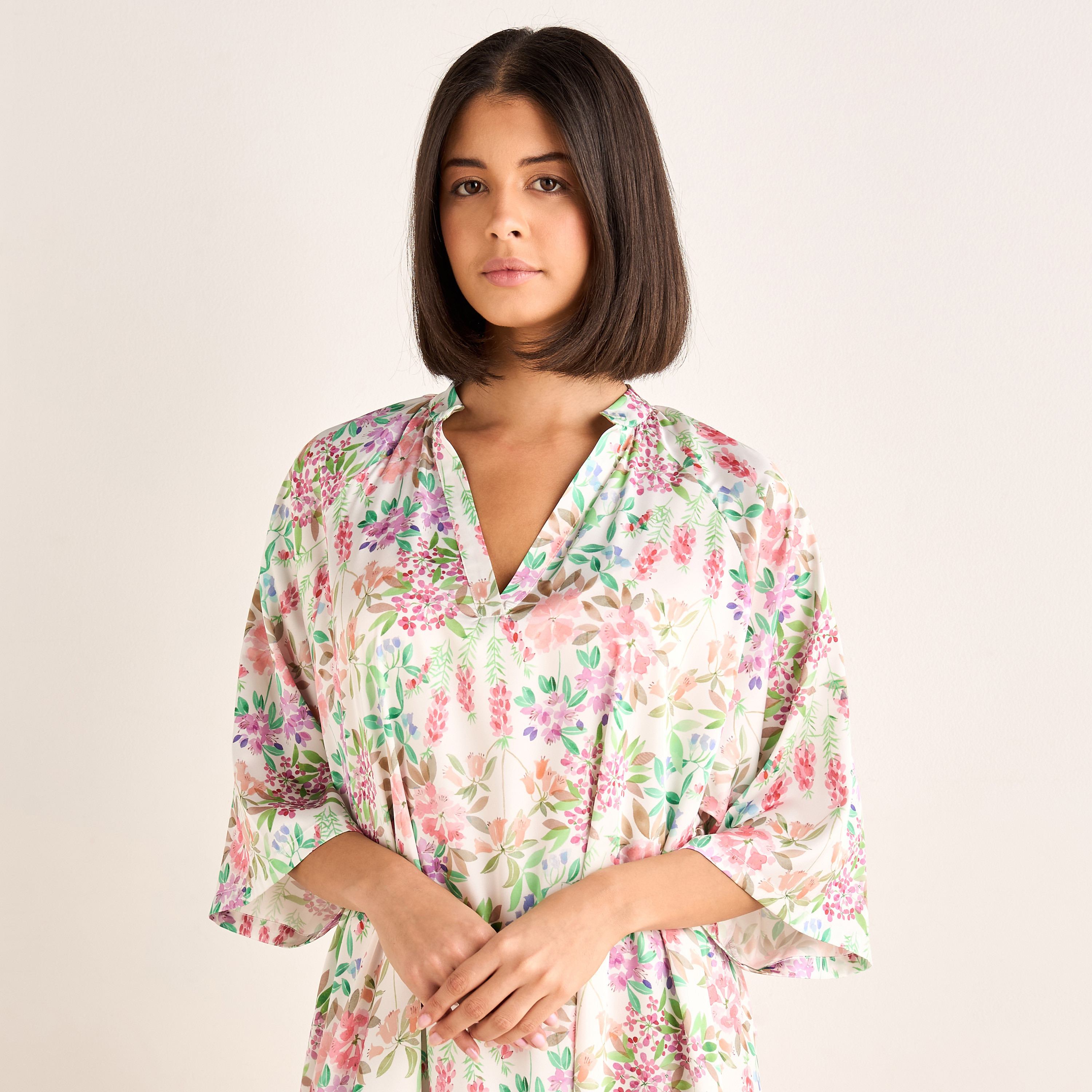 Night Gown 3/4 Sleeve Floral Print-women-clothing-nightwear-nighties-image-4