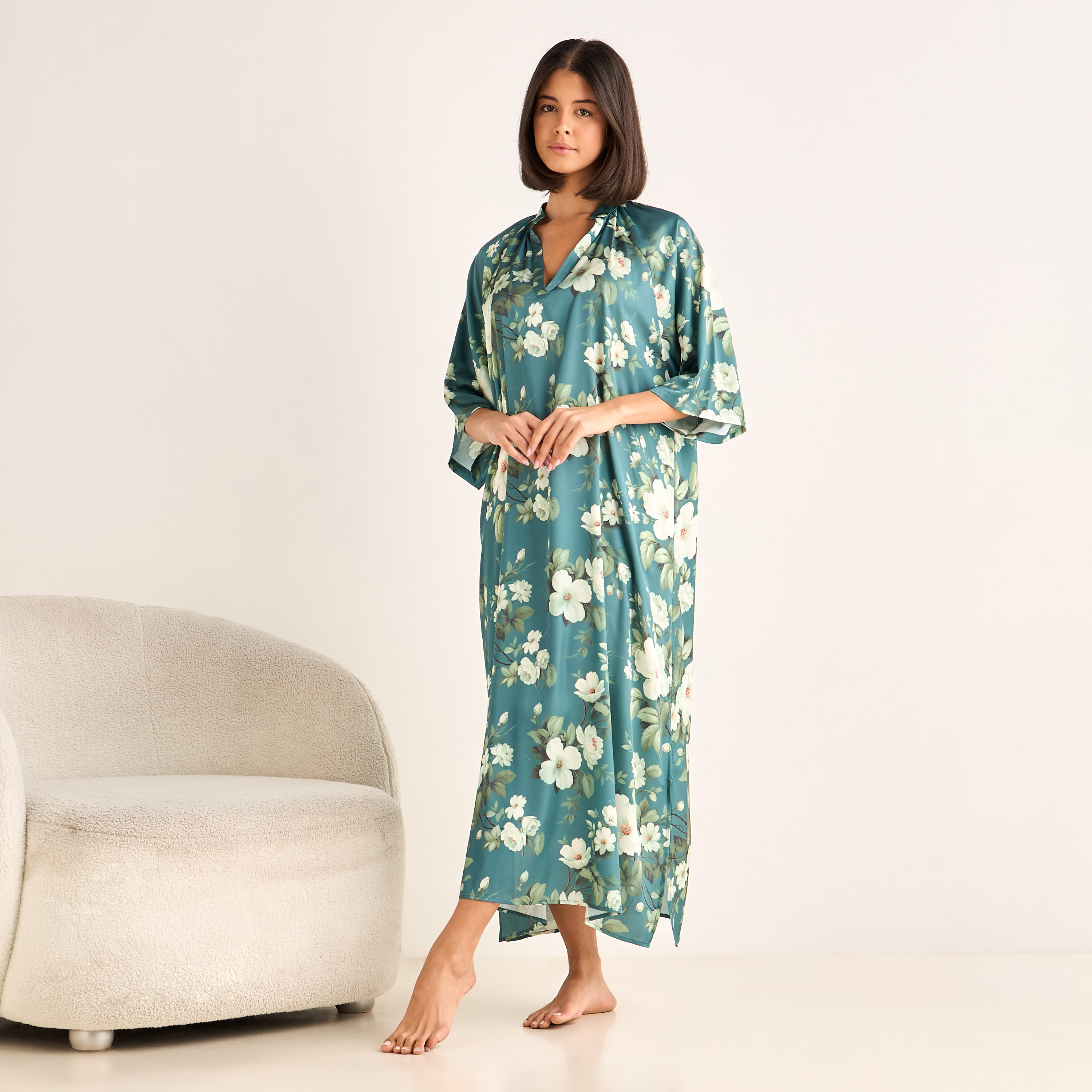 Night Gown 3/4 Sleeve Floral Print-women-clothing-nightwear-nighties-image-1