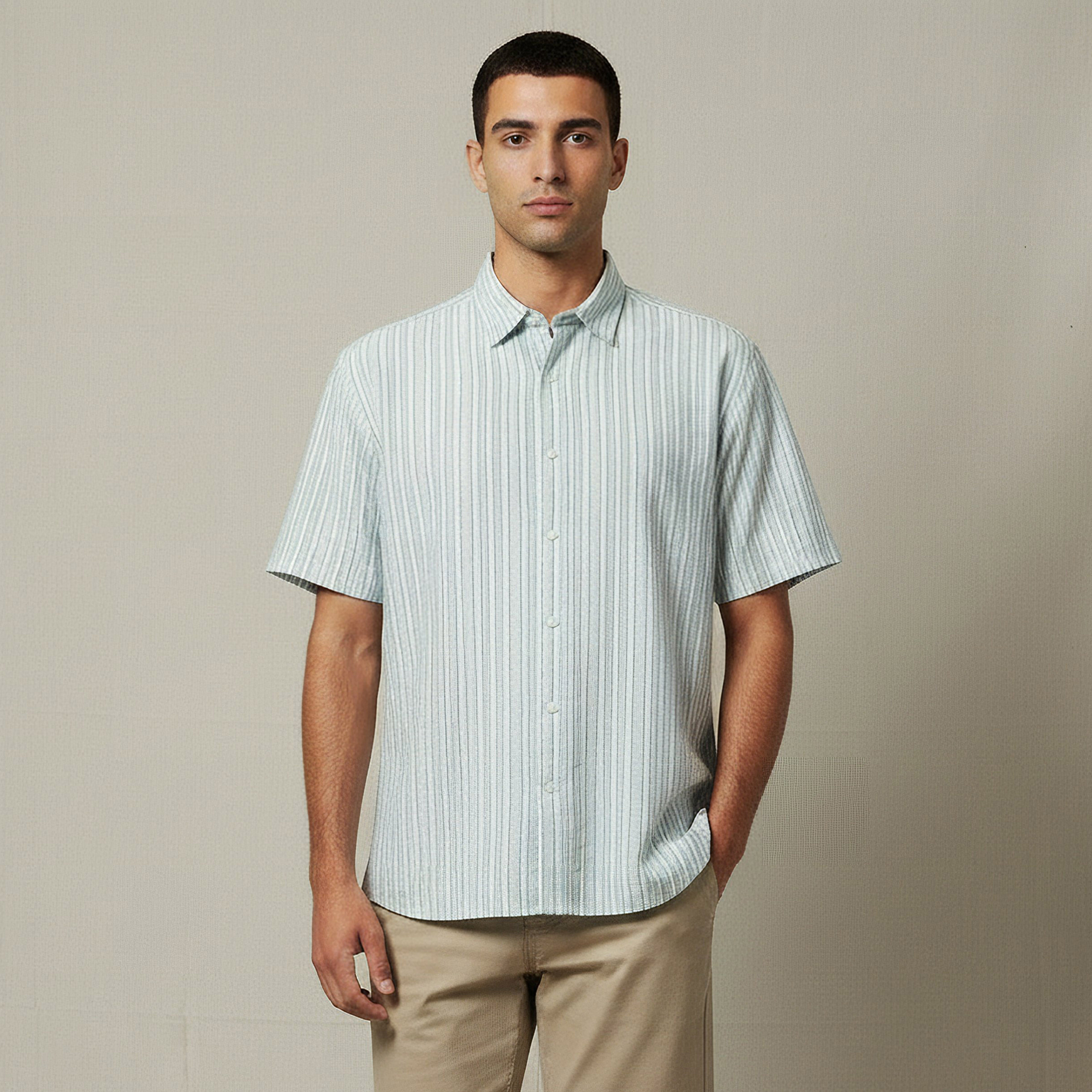 Men Regular Fit Collared Striped Short Sleeves Shirt-men-clothing-shirts-image-1