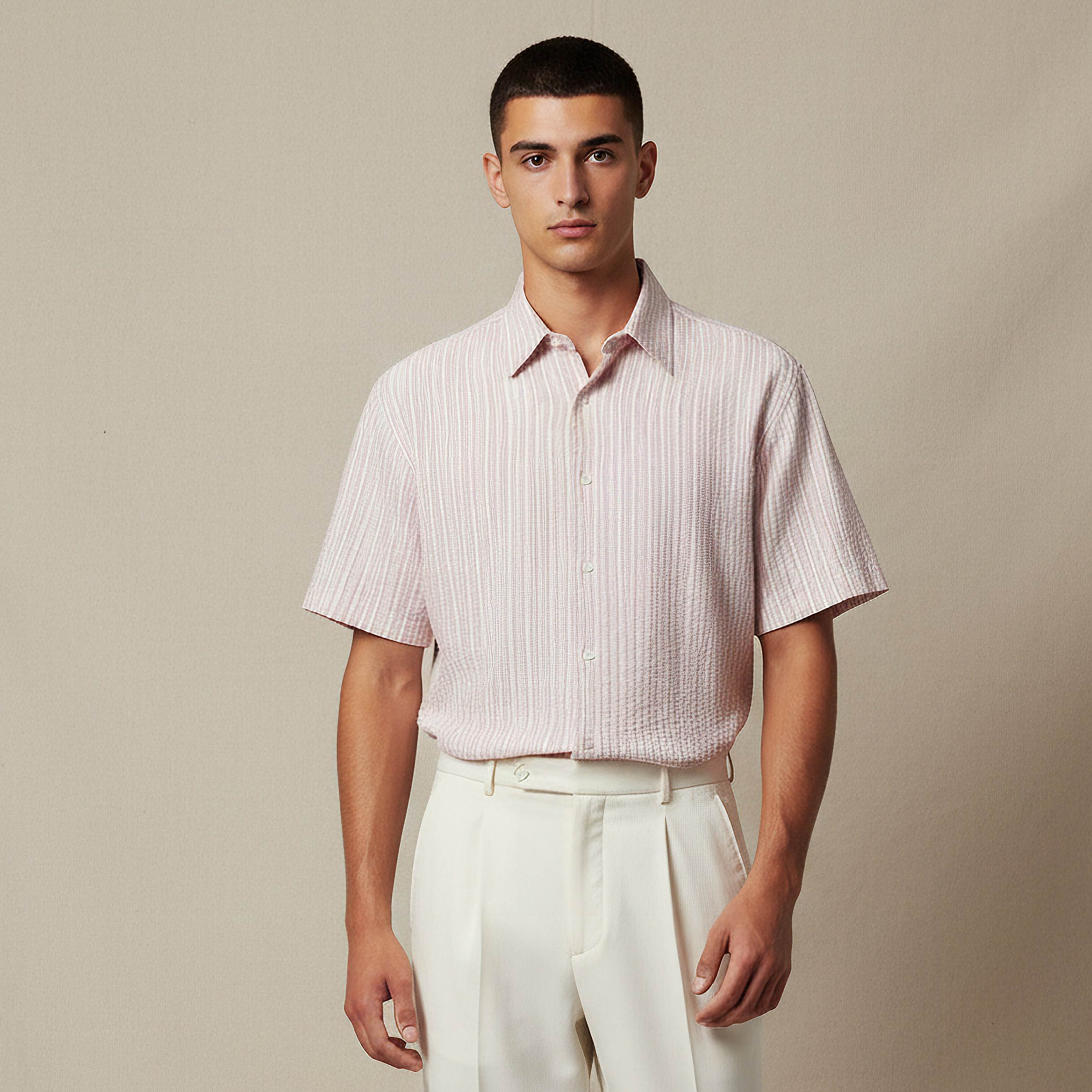 قميص مقلم بياقة وأكمام قصيرة وقصة عادية للرجال-men-clothing-shirts-image-1