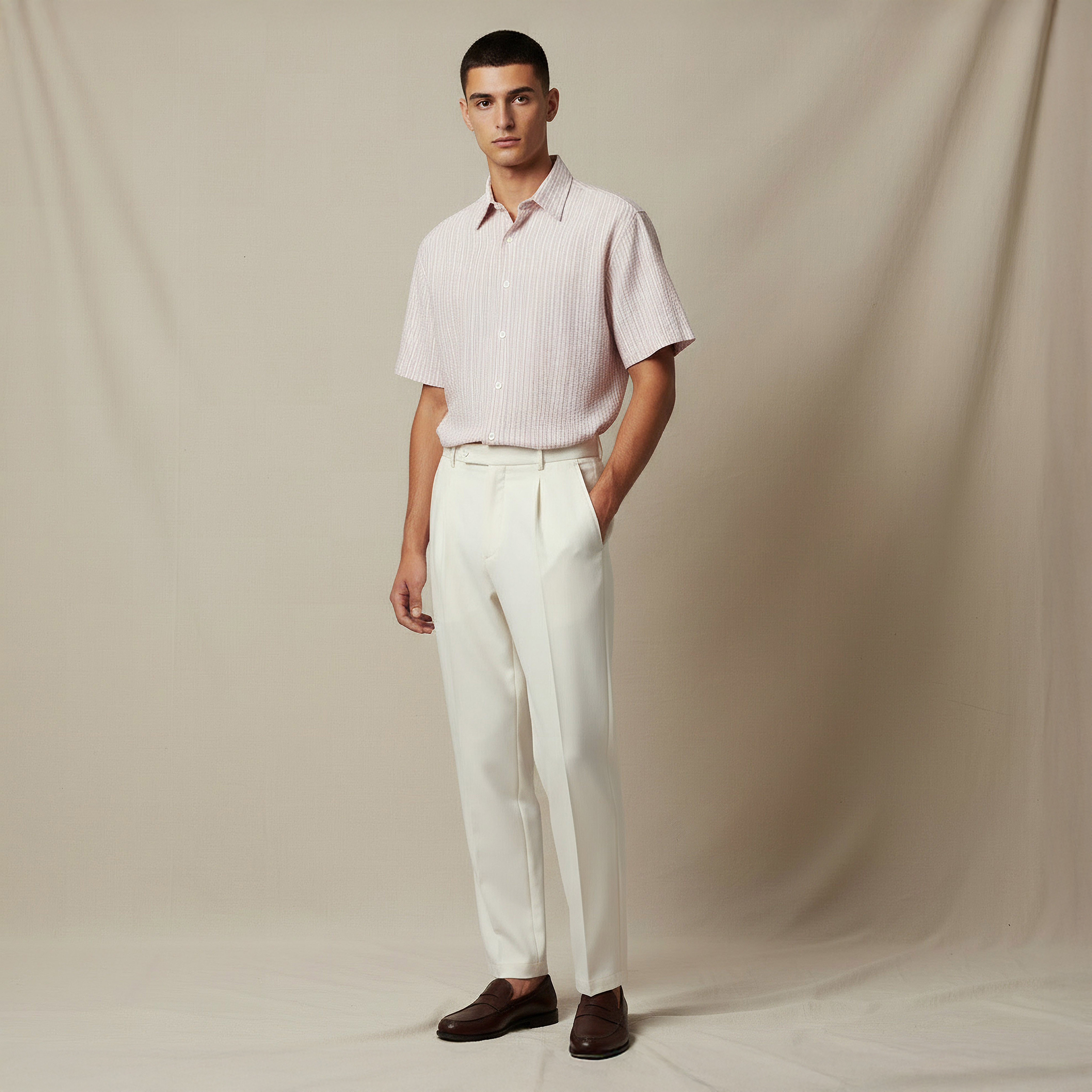 قميص مقلم بياقة وأكمام قصيرة وقصة عادية للرجال-men-clothing-shirts-image-2