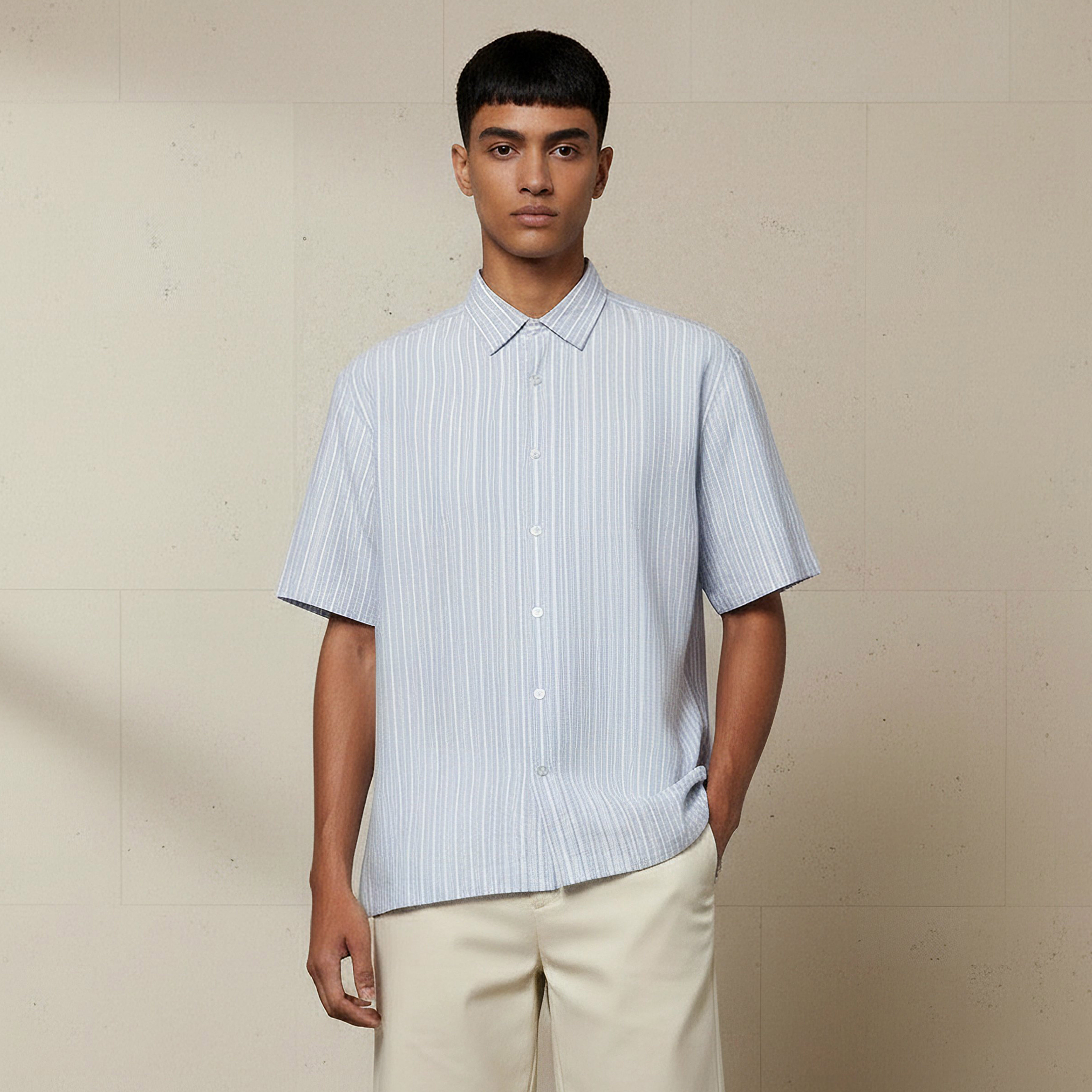 Men Regular Fit Collared Striped Short Sleeves Shirt-men-clothing-shirts-image-1