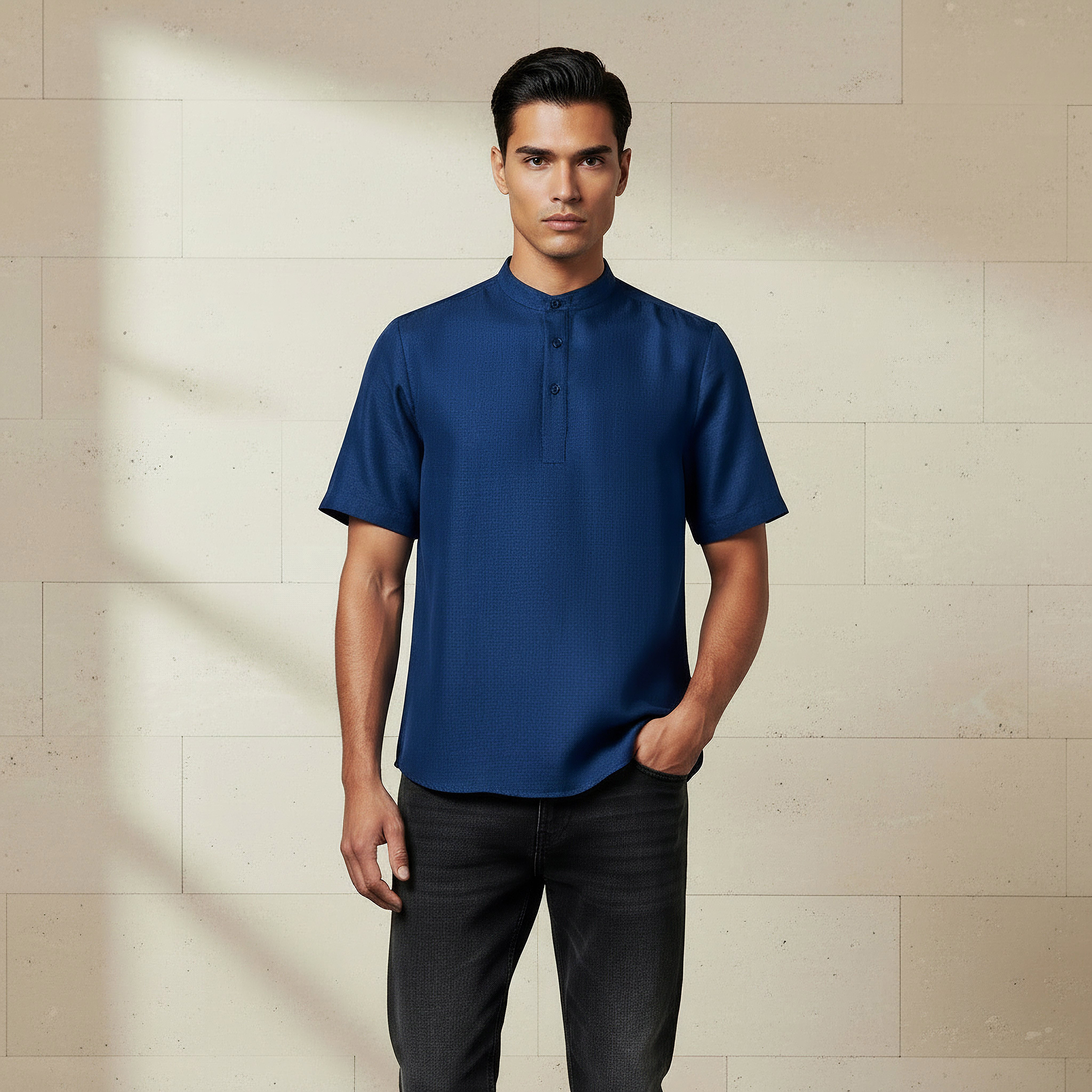Men Regular Fit Mandarin Collar Short Sleeves Shirt-men-clothing-shirts-image-1