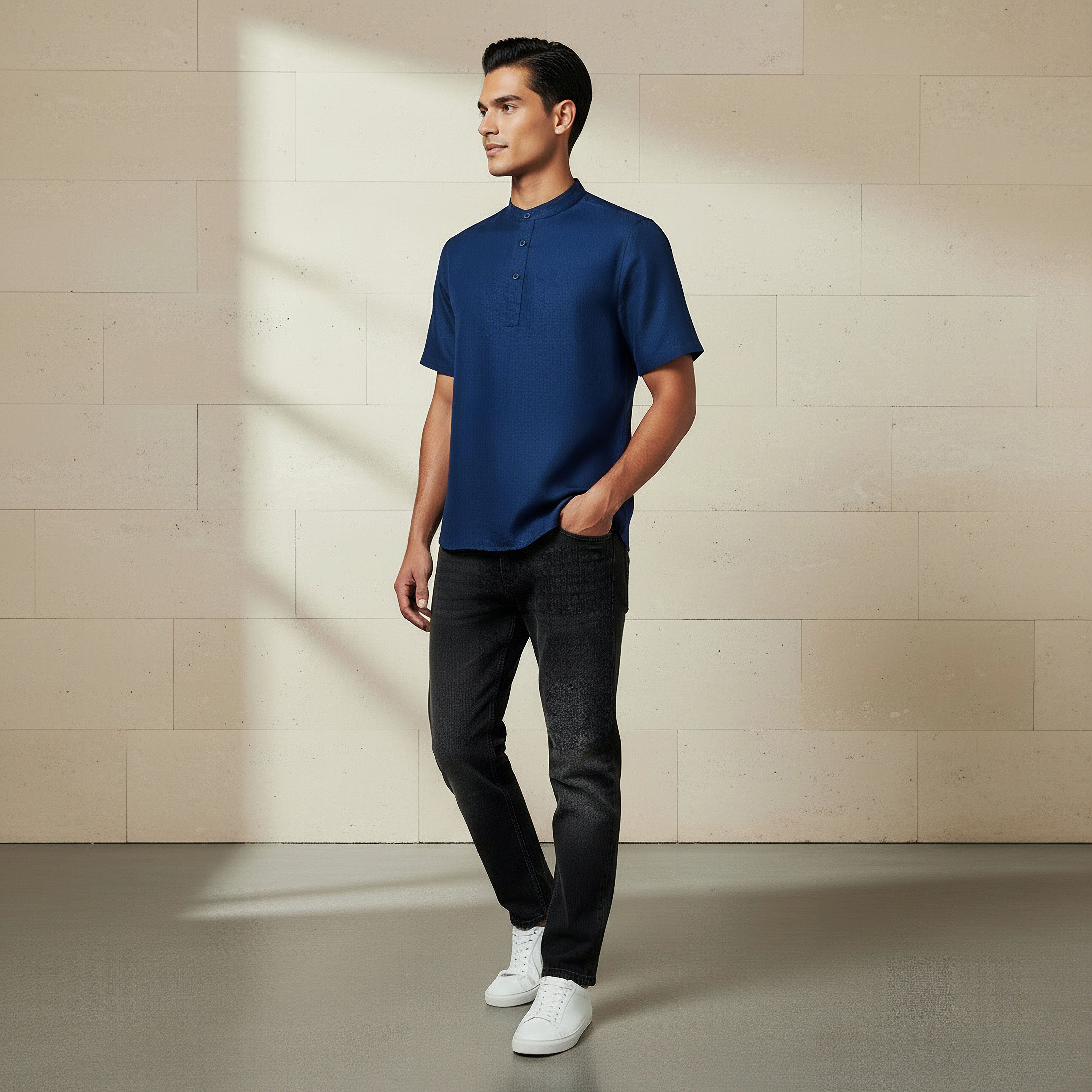 Men Regular Fit Mandarin Collar Short Sleeves Shirt-men-clothing-shirts-image-2