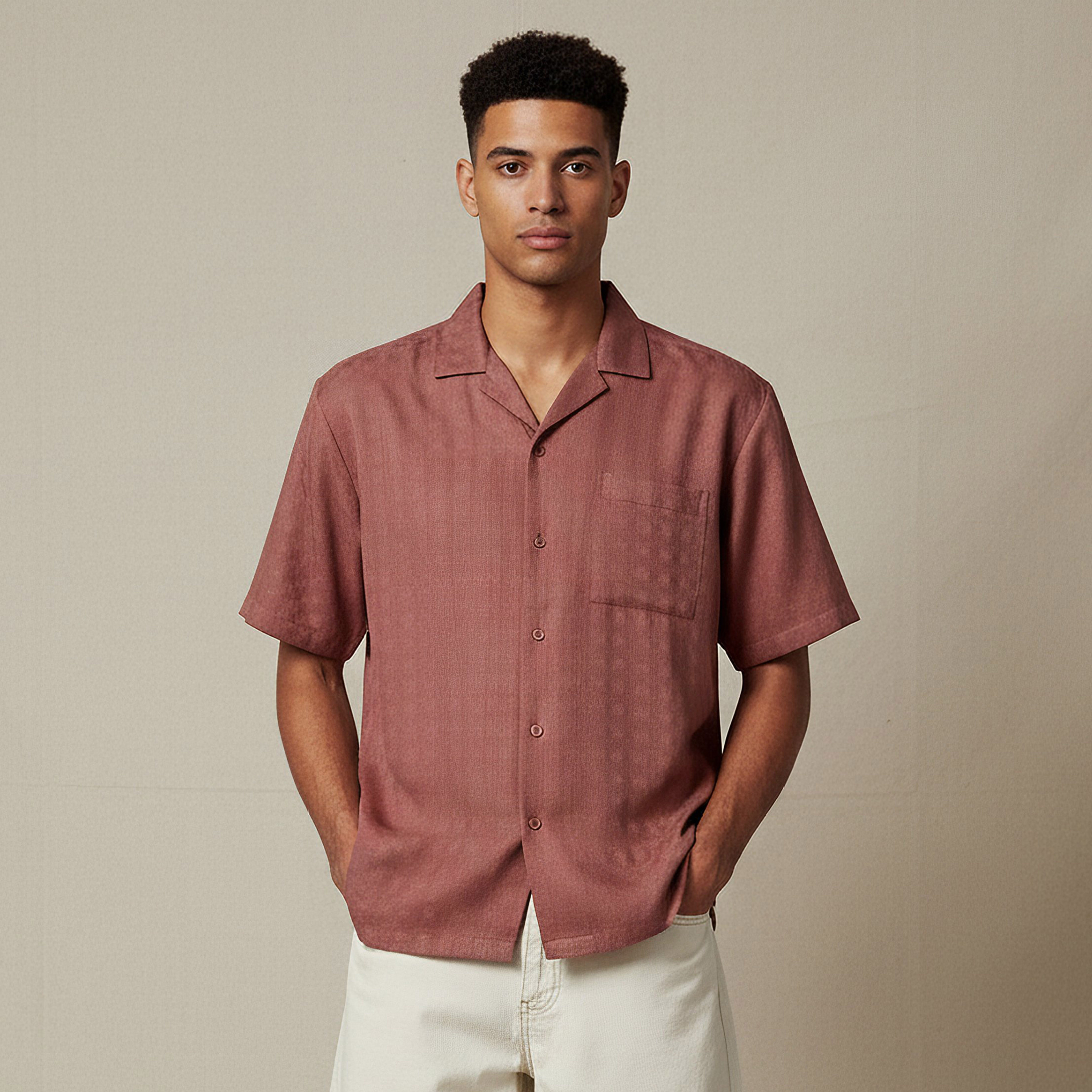 Men Regular Fit Camp Collar Textured Short Sleeves Resort Shirt-men-clothing-shirts-image-1