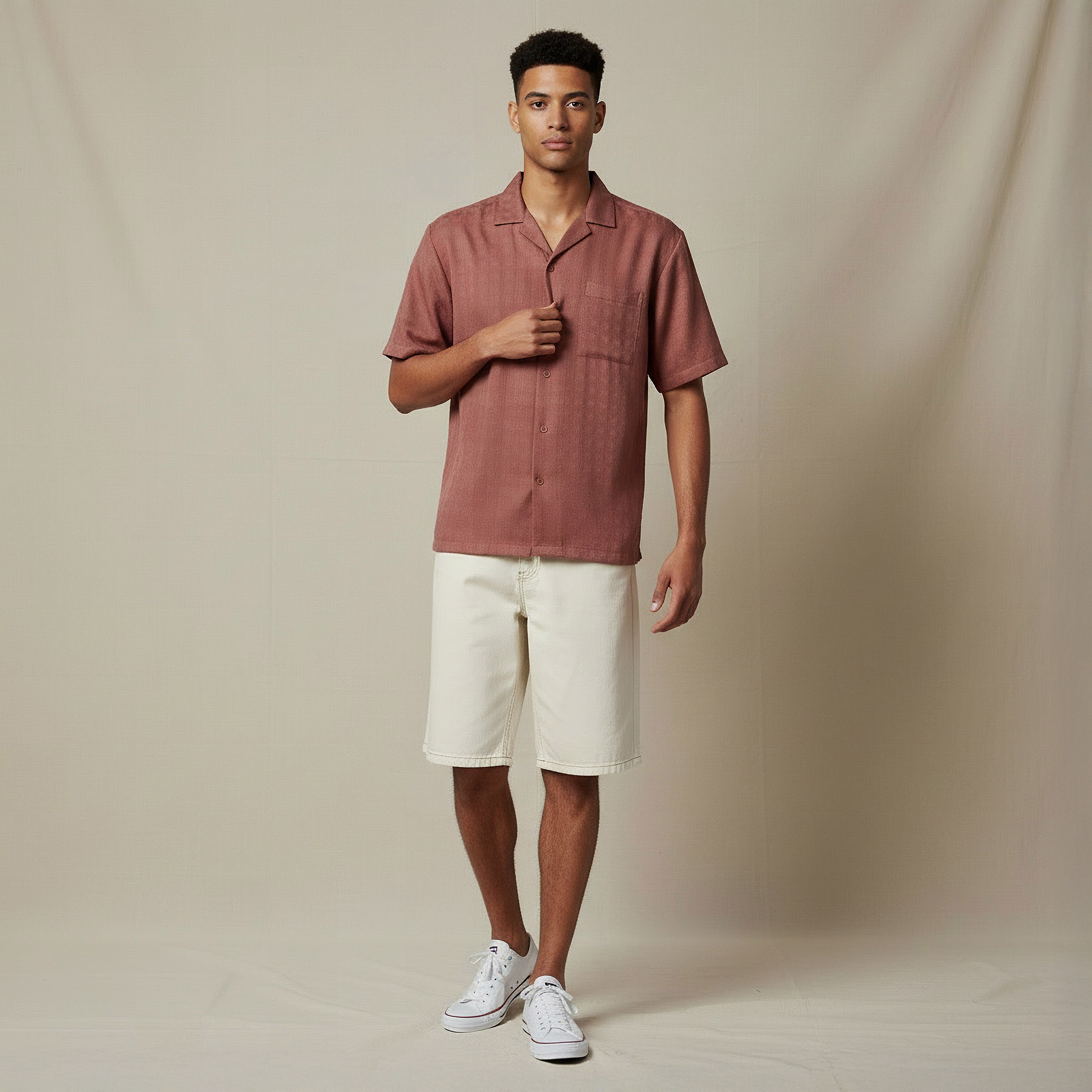 Men Regular Fit Camp Collar Textured Short Sleeves Resort Shirt-men-clothing-shirts-image-2