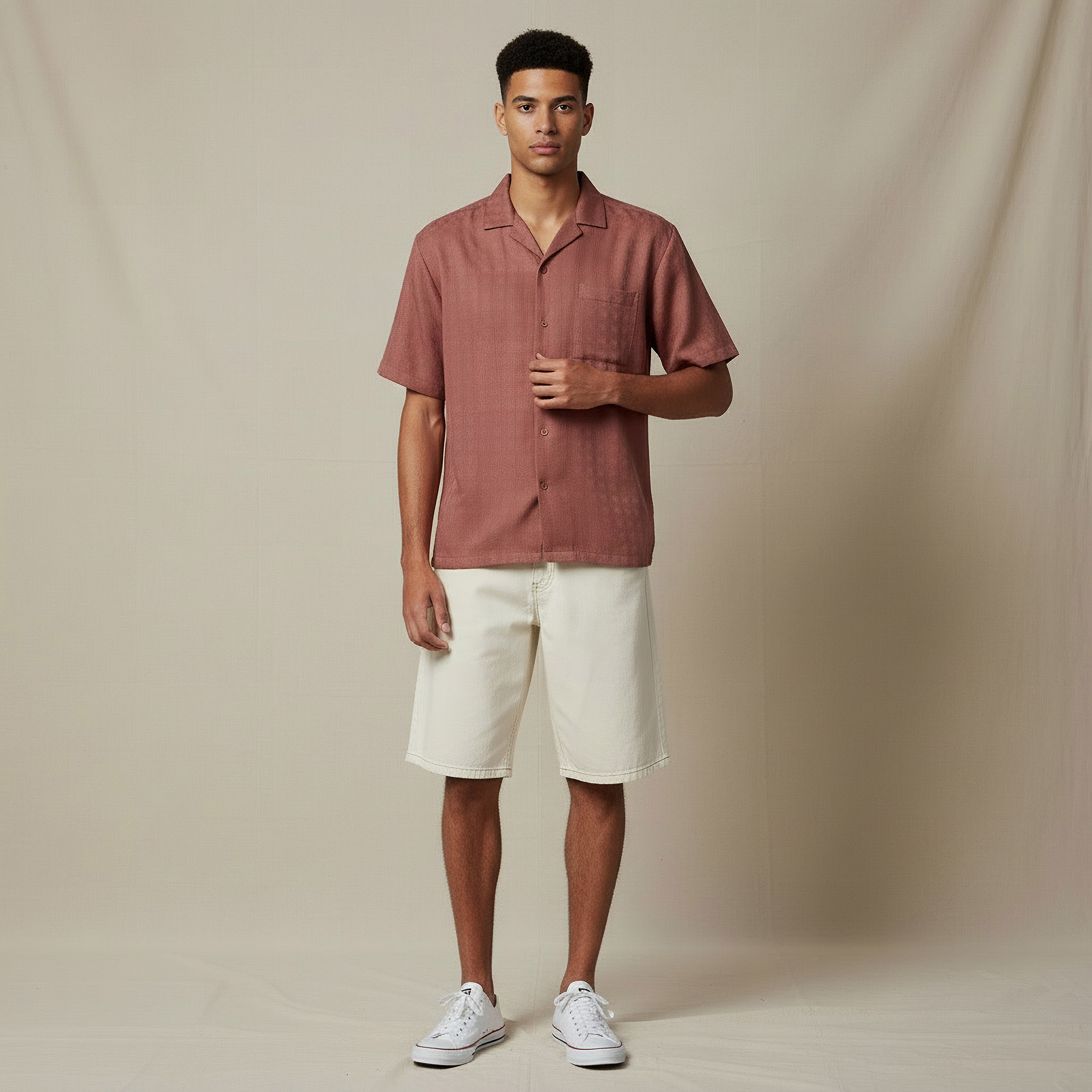 Men Regular Fit Camp Collar Textured Short Sleeves Resort Shirt-men-clothing-shirts-image-5