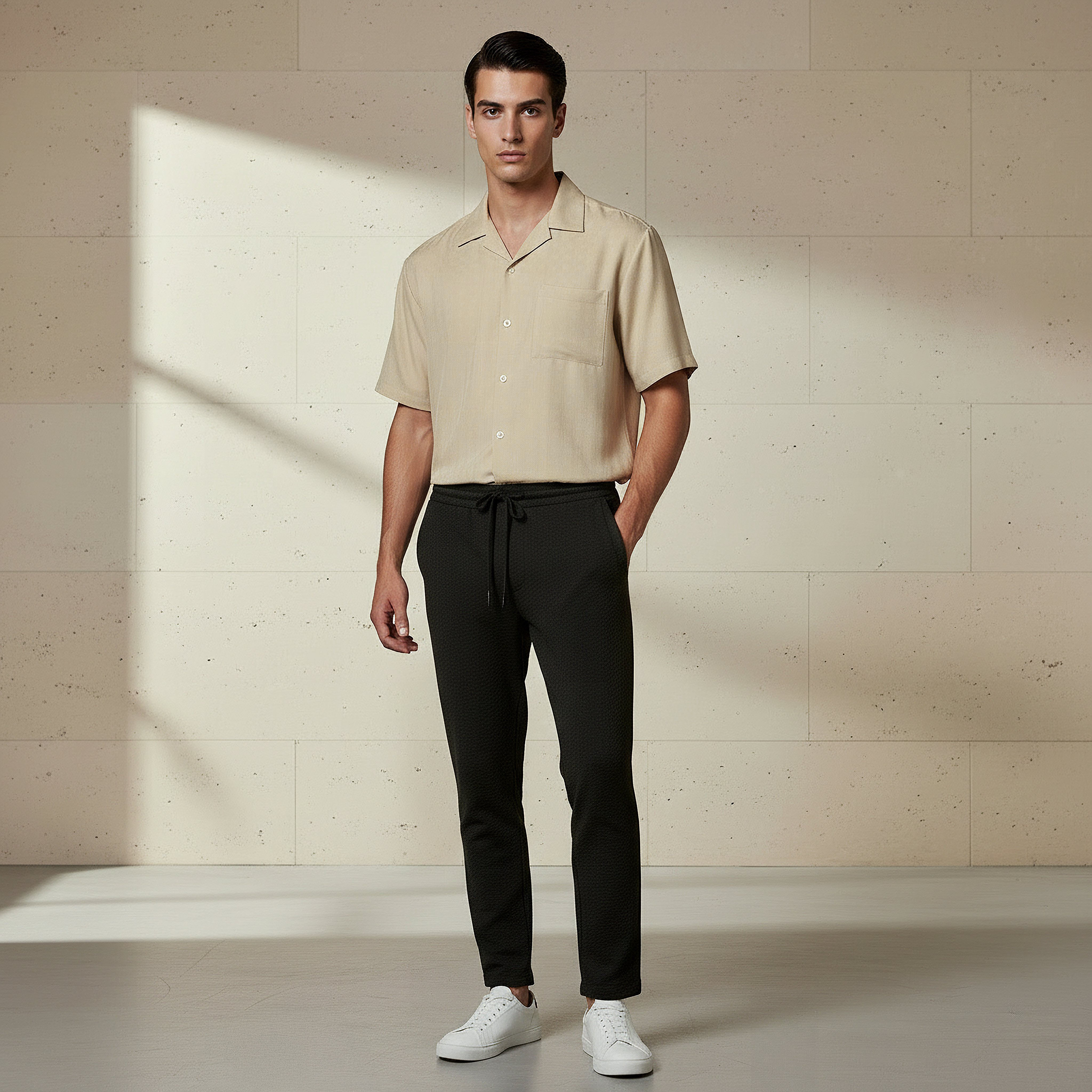 Men Regular Fit Camp Collar Textured Short Sleeves Resort Shirt-men-clothing-shirts-image-2