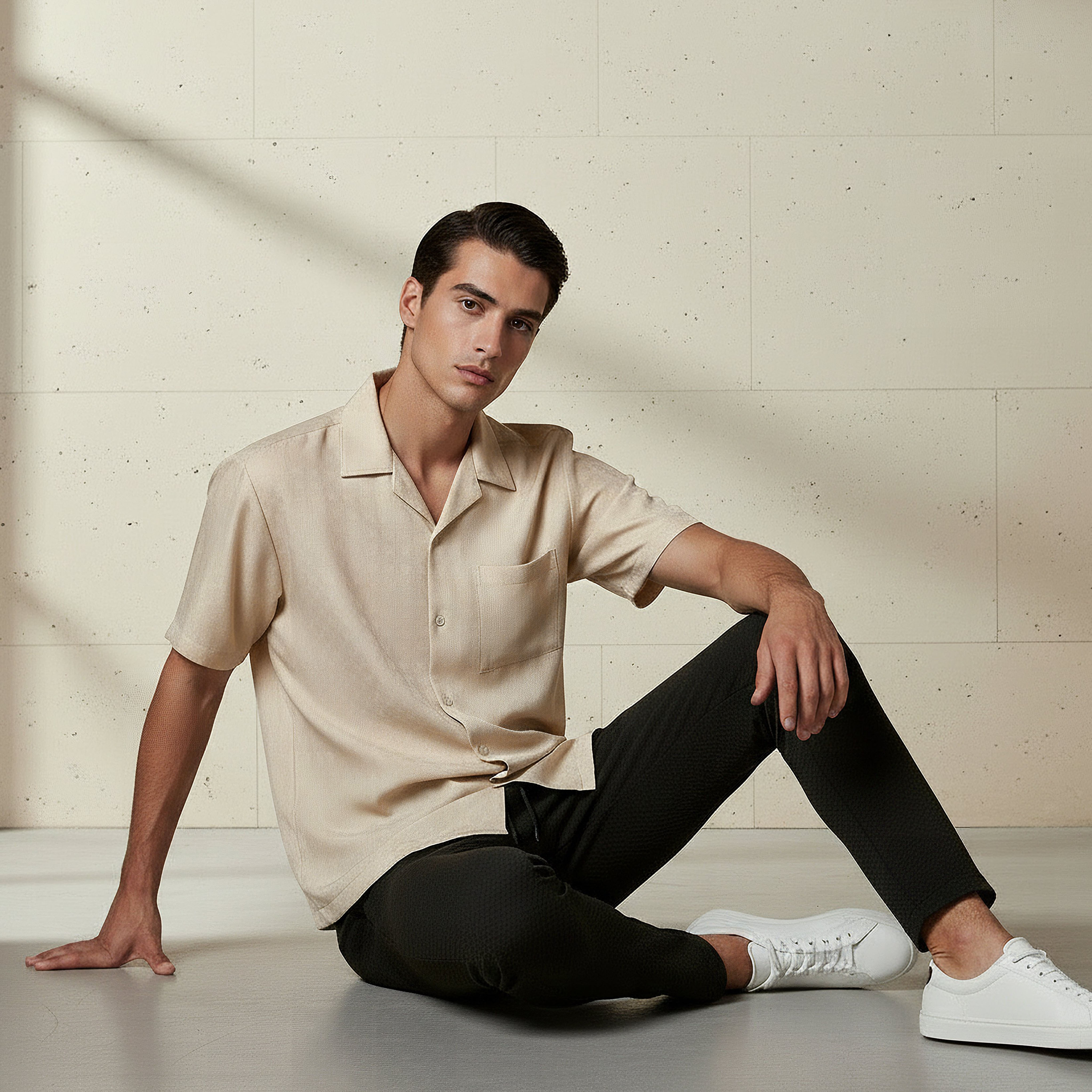 Men Regular Fit Camp Collar Textured Short Sleeves Resort Shirt-men-clothing-shirts-image-5