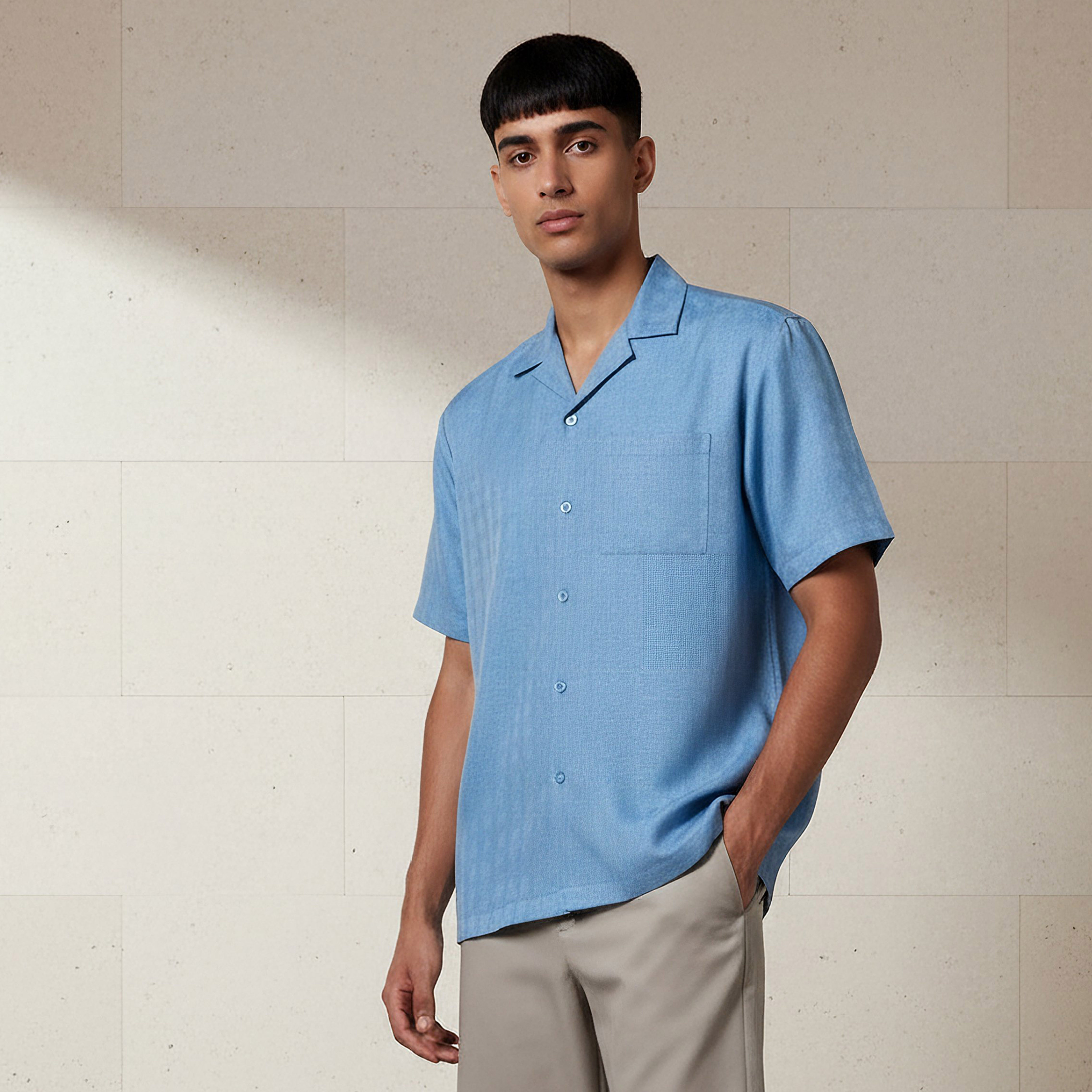 Men Regular Fit Camp Collar Textured Short Sleeves Resort Shirt-men-clothing-shirts-image-1