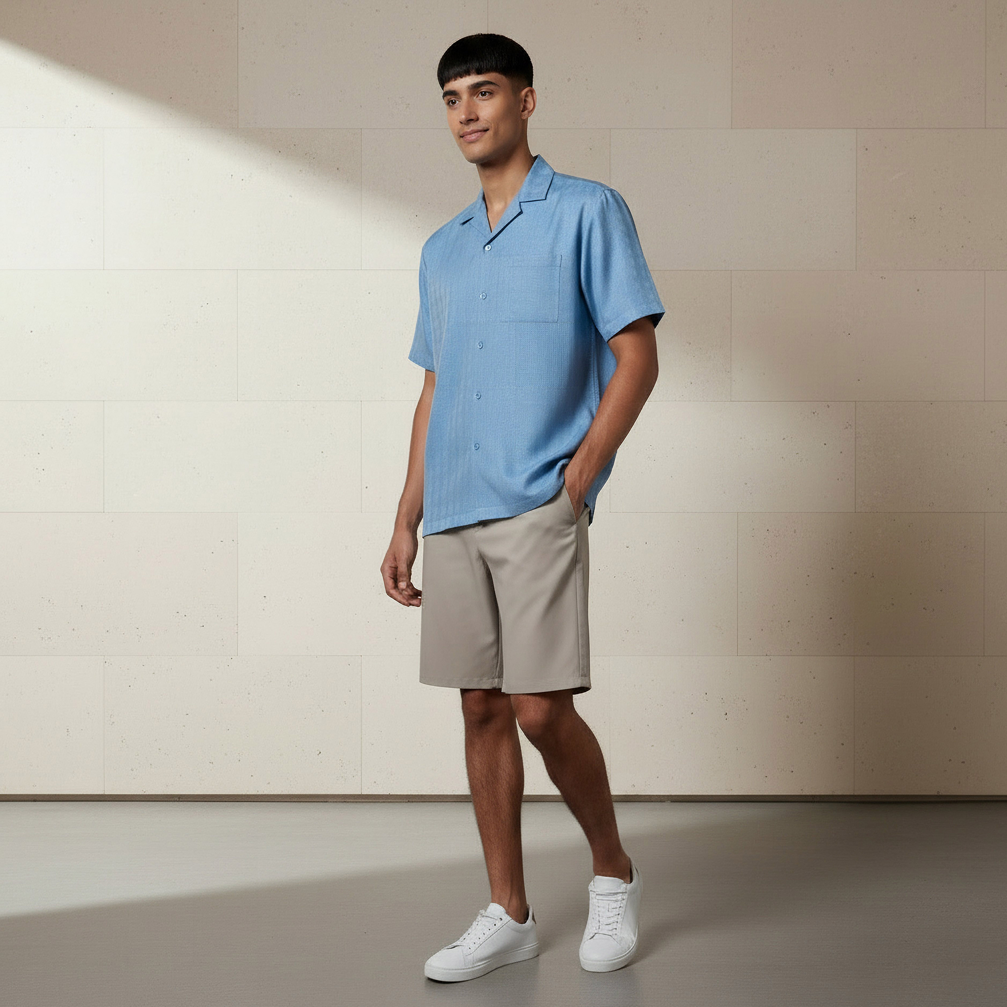 Men Regular Fit Camp Collar Textured Short Sleeves Resort Shirt-men-clothing-shirts-image-2