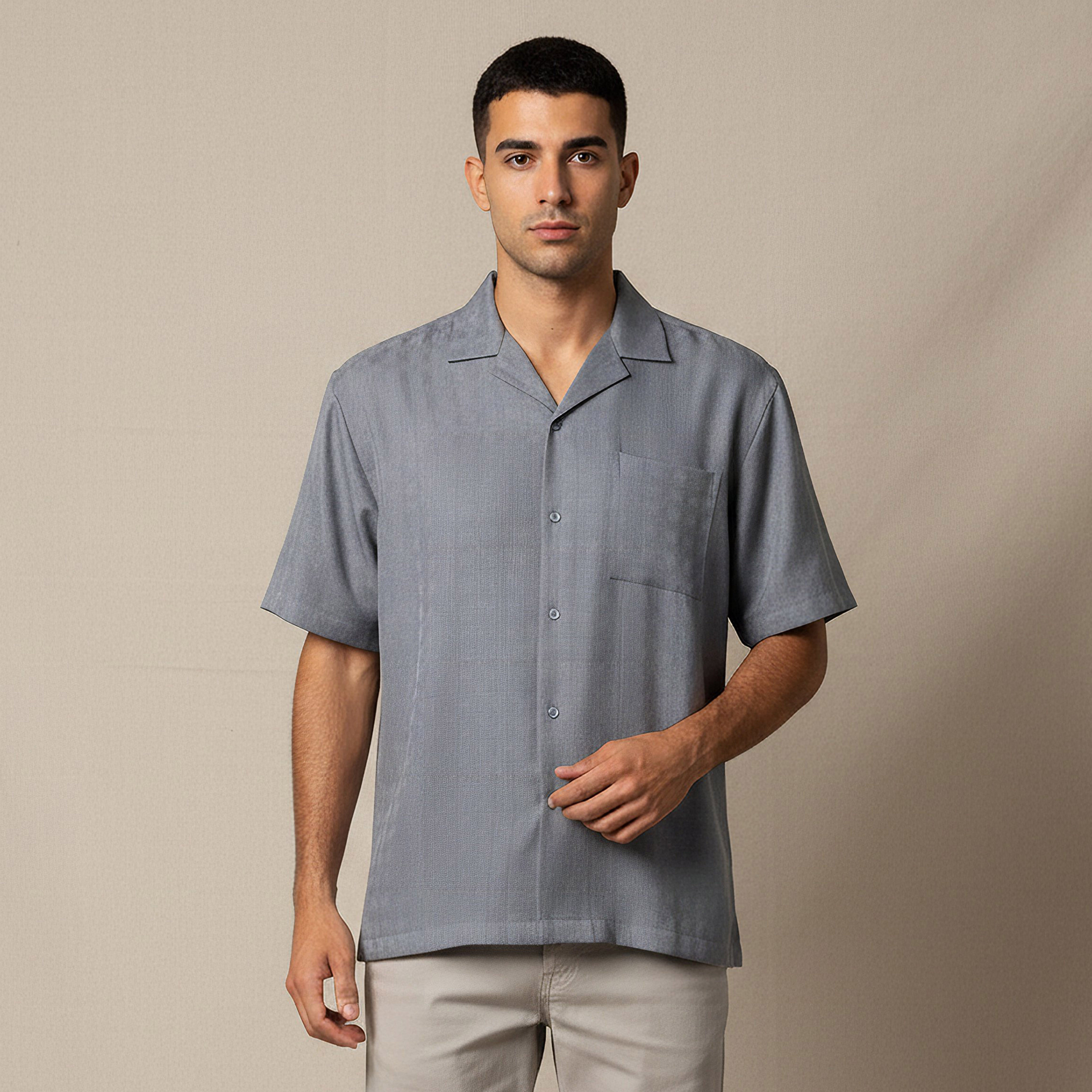 Men Regular Fit Camp Collar Textured Short Sleeves Resort Shirt-men-clothing-shirts-image-1