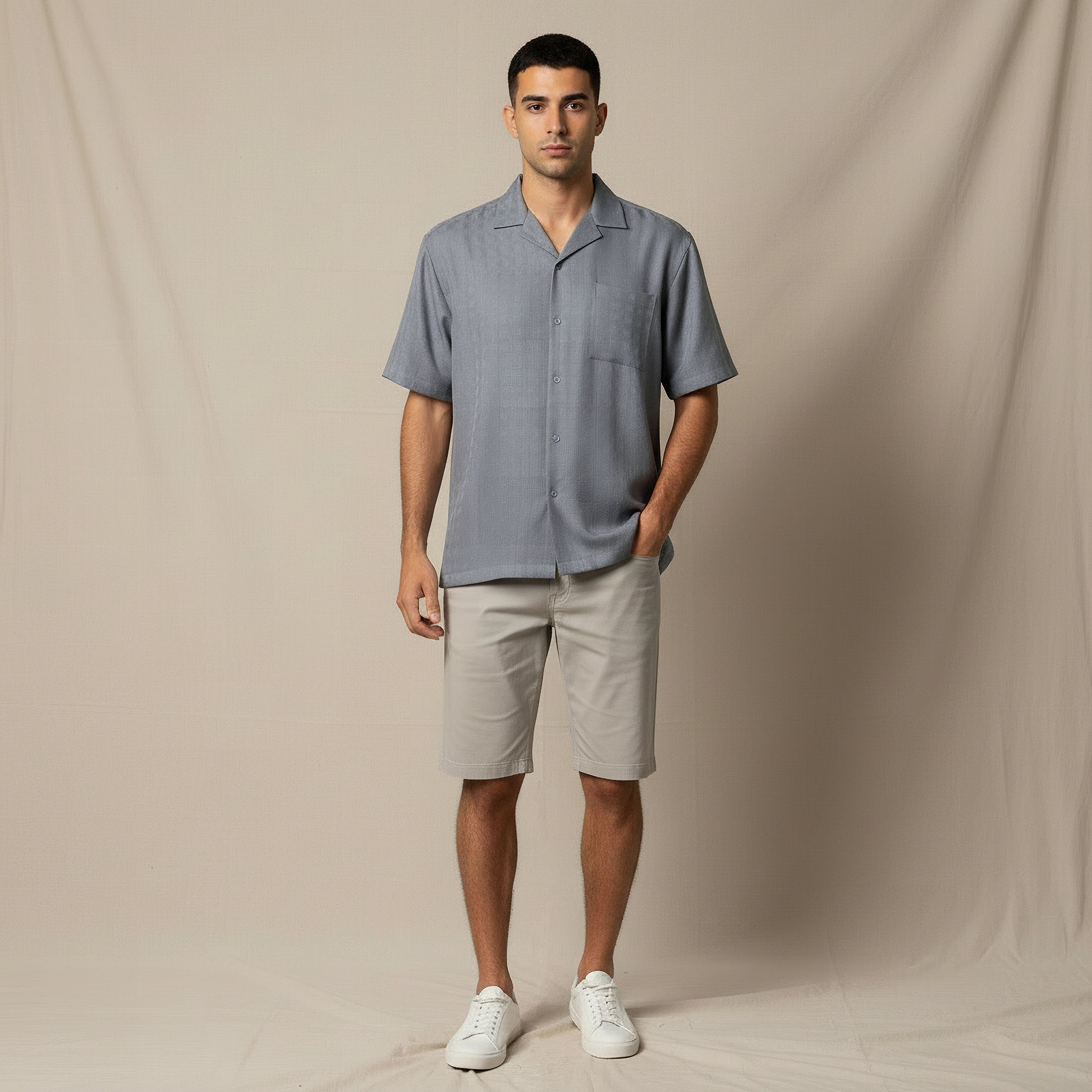 Men Regular Fit Camp Collar Textured Short Sleeves Resort Shirt-men-clothing-shirts-image-5