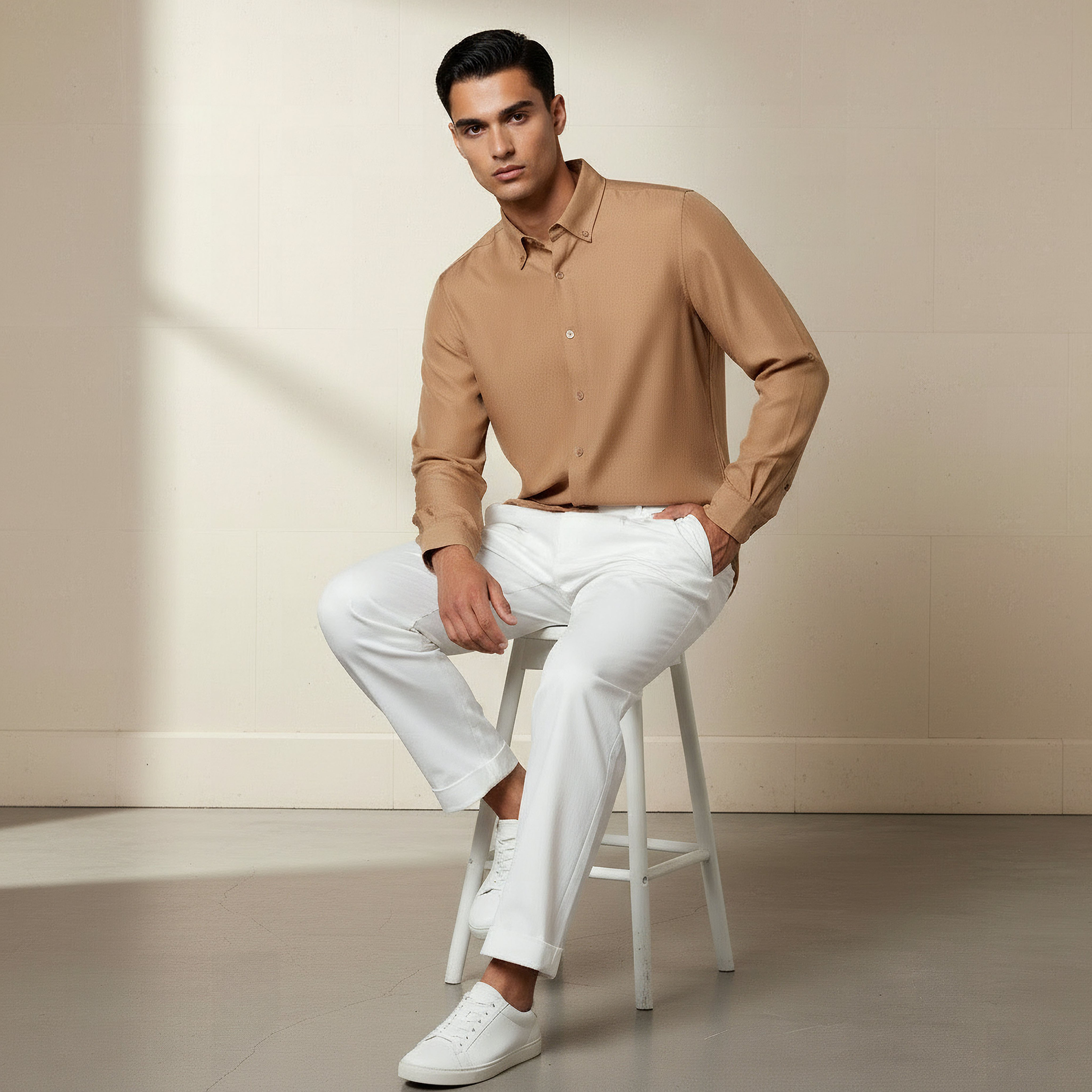 Men Regular Fit Button-Down Collar Long Sleeves Linen Look Shirt-men-clothing-shirts-image-5
