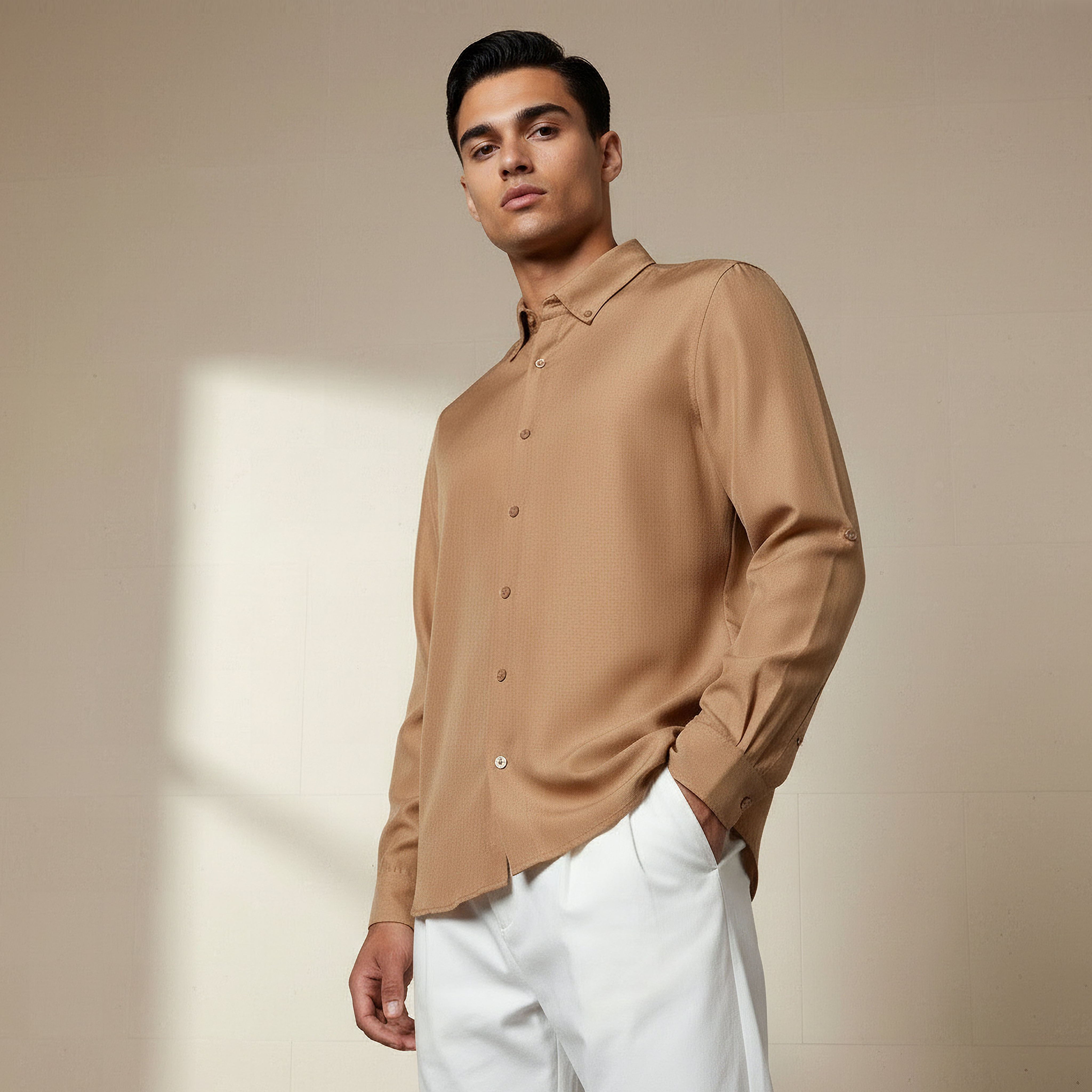 Men Regular Fit Button-Down Collar Long Sleeves Linen Look Shirt-men-clothing-shirts-image-6
