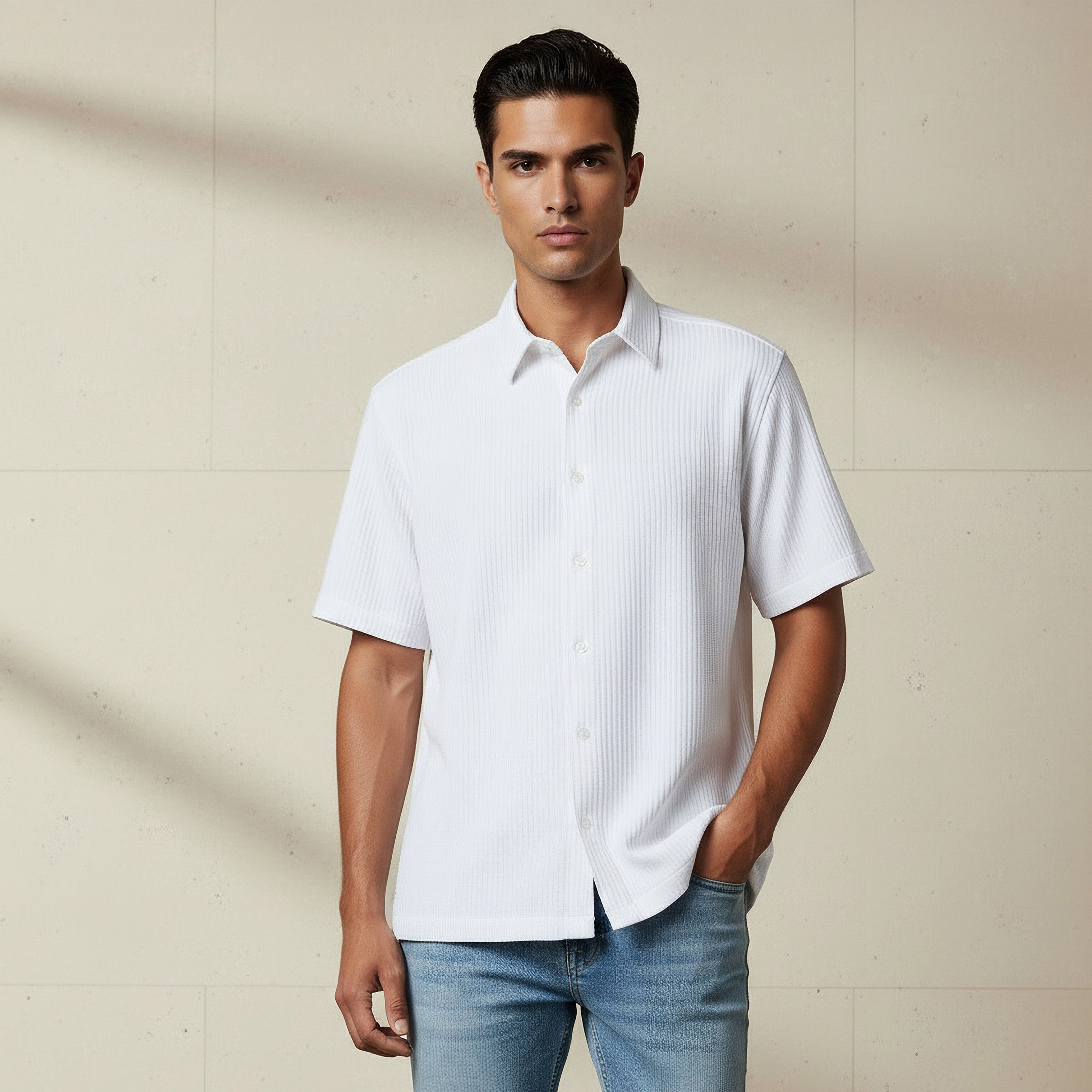 Men Regular Fit Collared Textured Short Sleeve Shirt-men-clothing-shirts-image-1