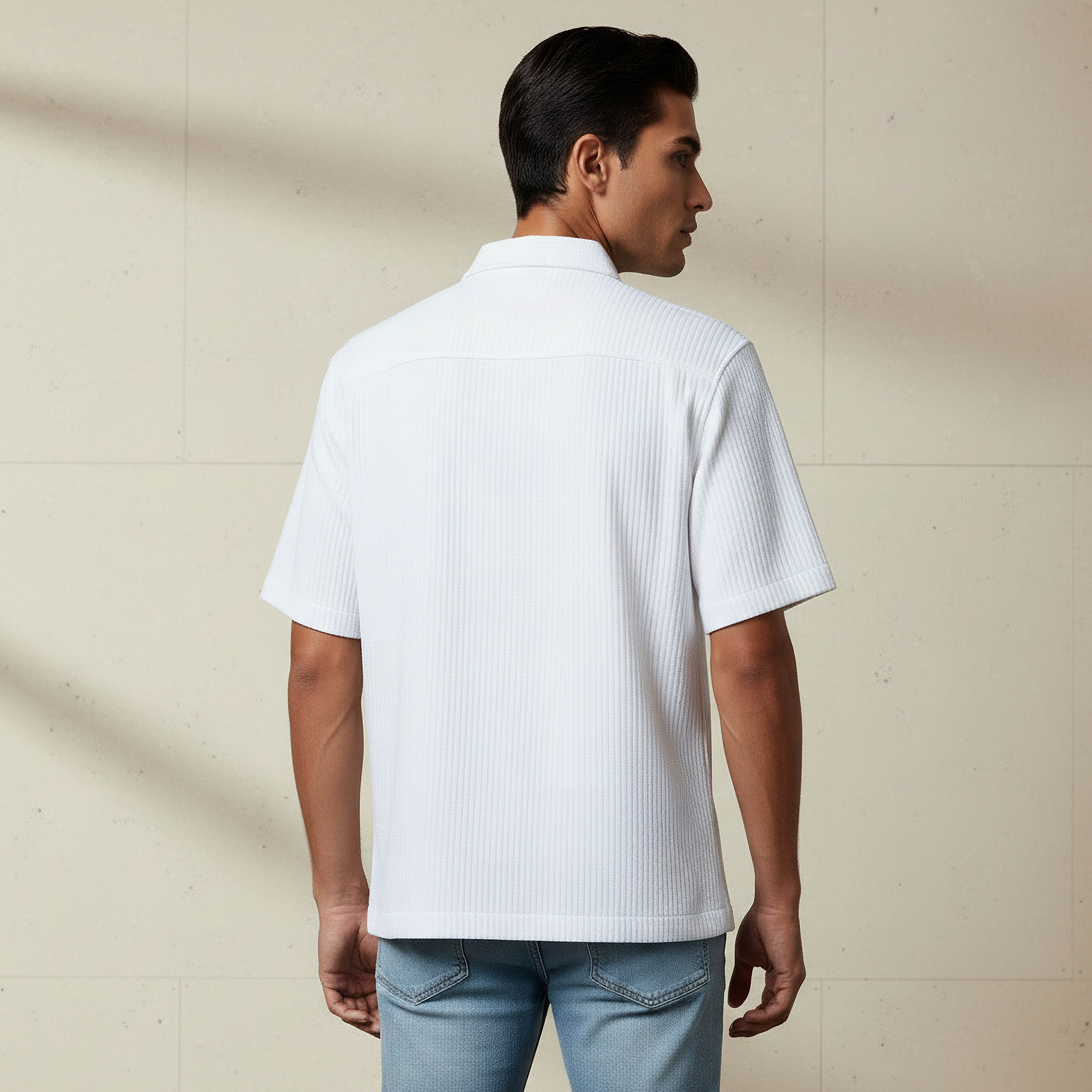 Men Regular Fit Collared Textured Short Sleeve Shirt-men-clothing-shirts-image-3
