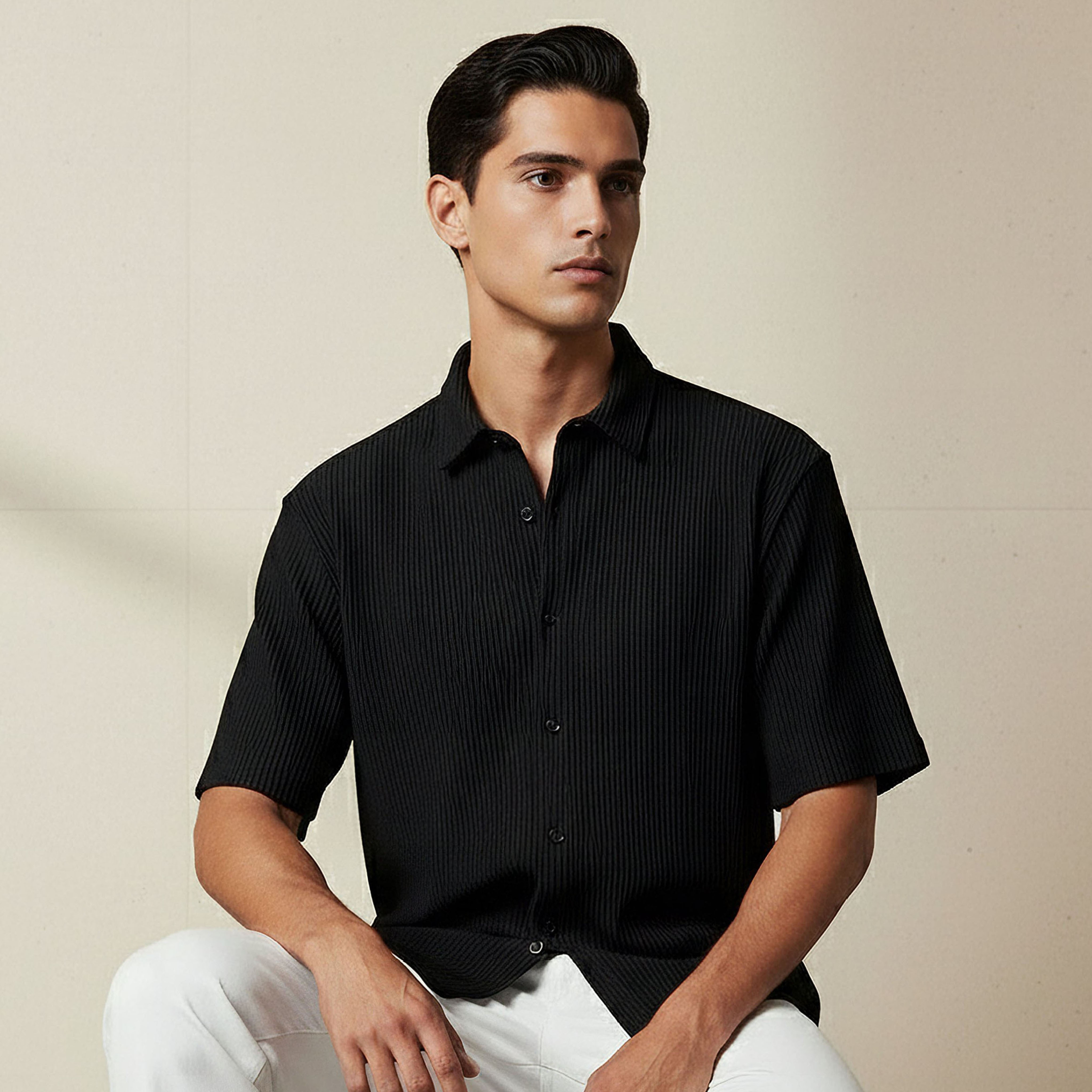 Men Regular Fit Collared Textured Short Sleeve Shirt-men-clothing-shirts-image-1