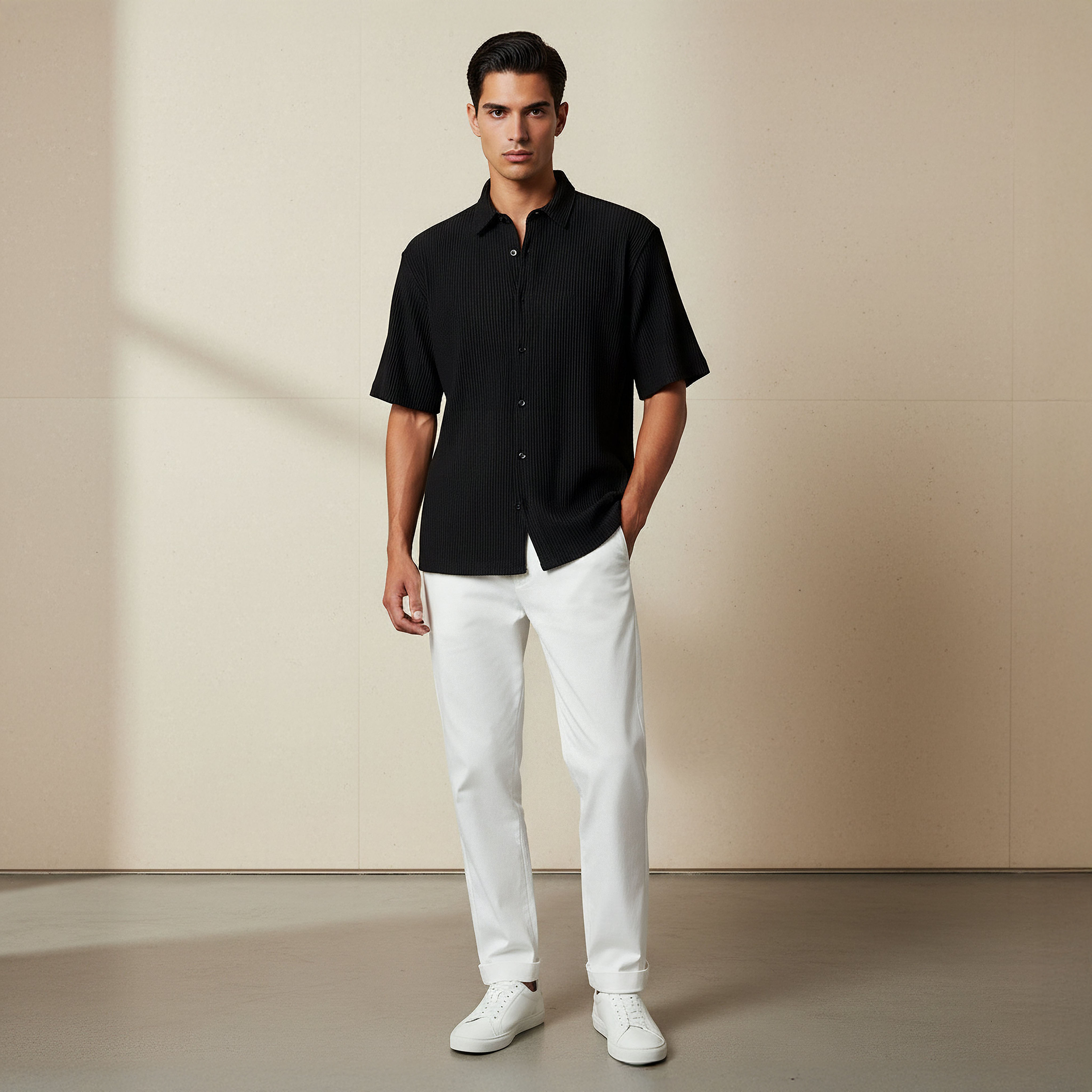 Men Regular Fit Collared Textured Short Sleeve Shirt-men-clothing-shirts-image-2