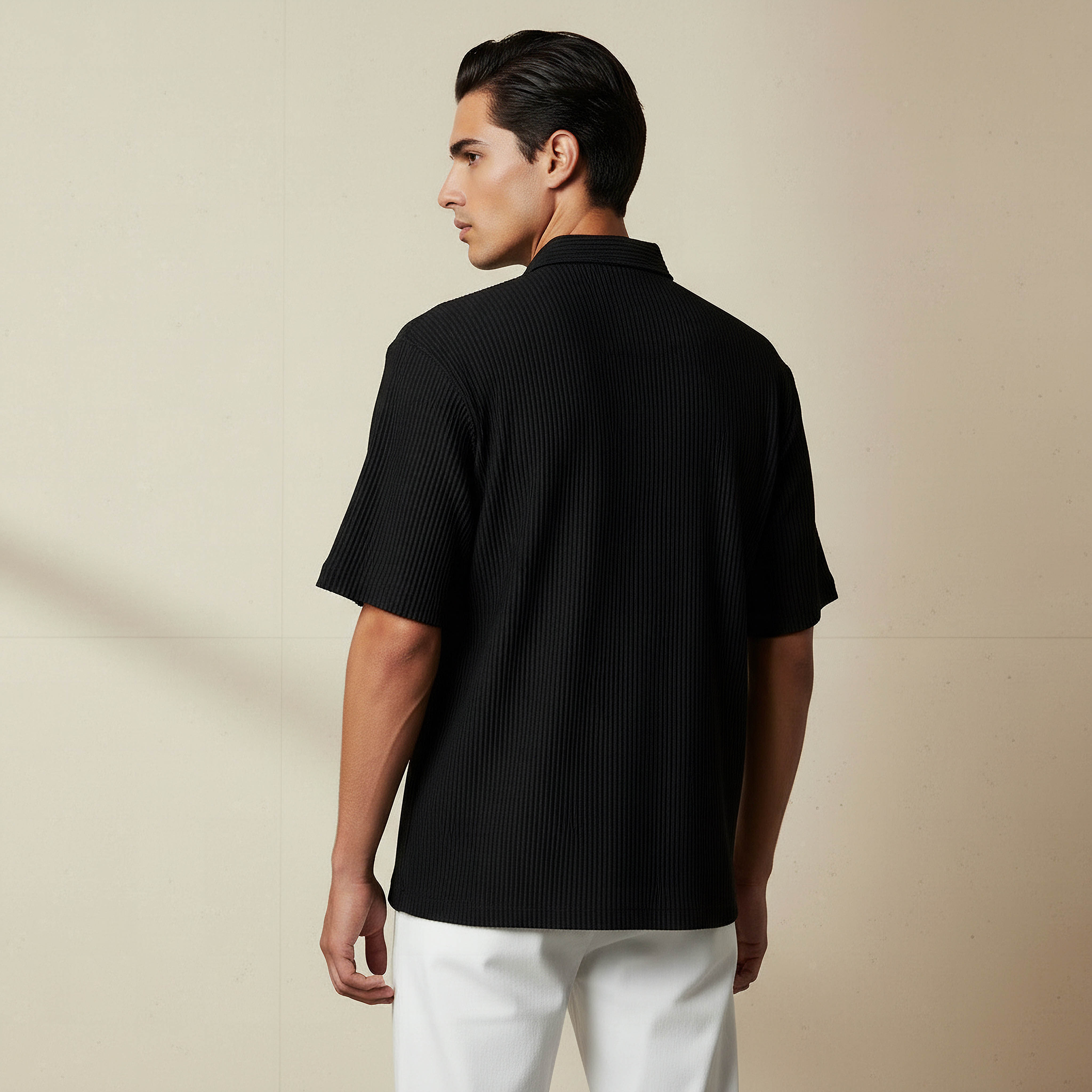 Men Regular Fit Collared Textured Short Sleeve Shirt-men-clothing-shirts-image-3