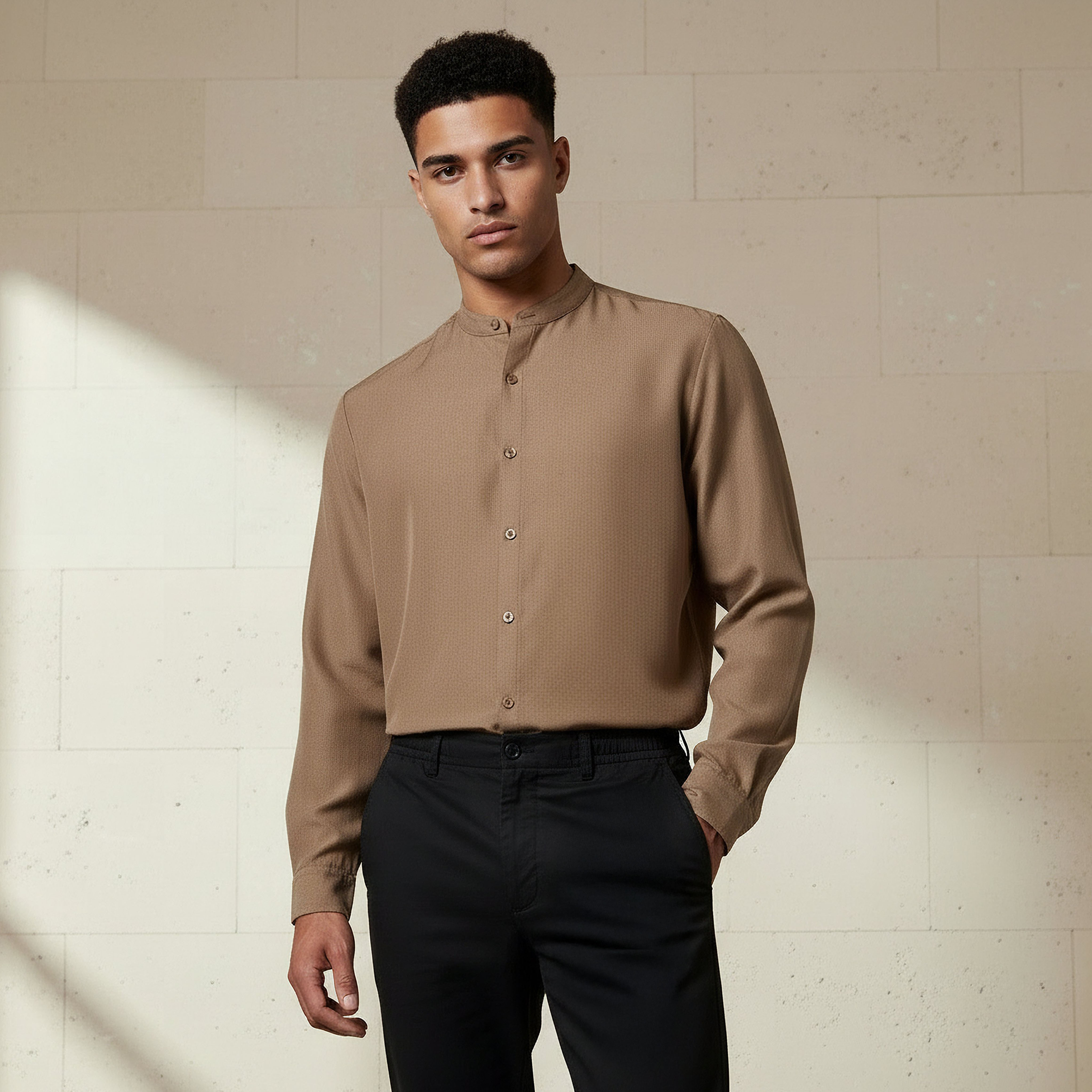Men Regular Fit Mandarin Collar Long Sleeves Linen Look Shirt-men-clothing-shirts-image-1