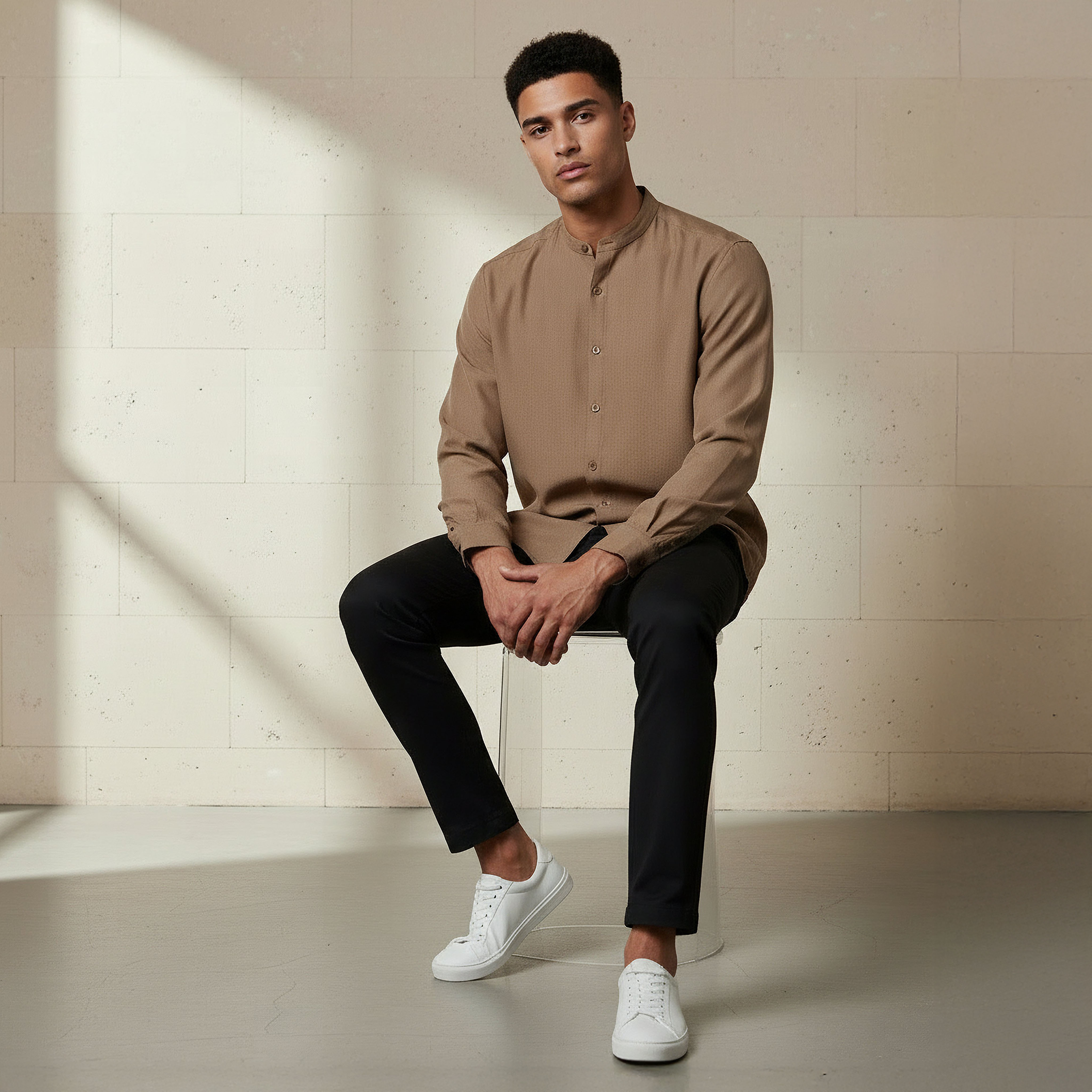 Men Regular Fit Mandarin Collar Long Sleeves Linen Look Shirt-men-clothing-shirts-image-5