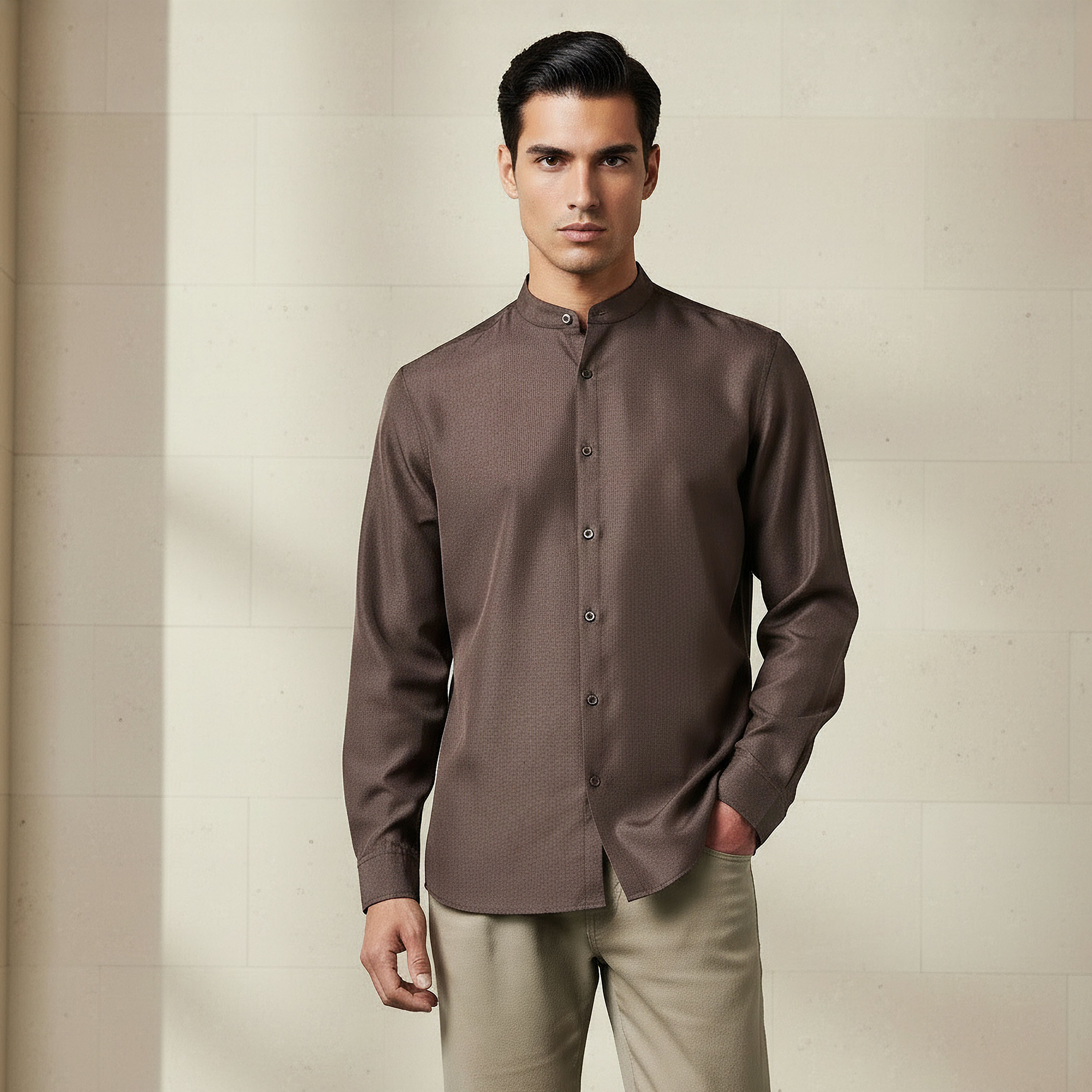 Men Regular Fit Mandarin Collar Long Sleeves Linen Look Shirt-men-clothing-shirts-image-1