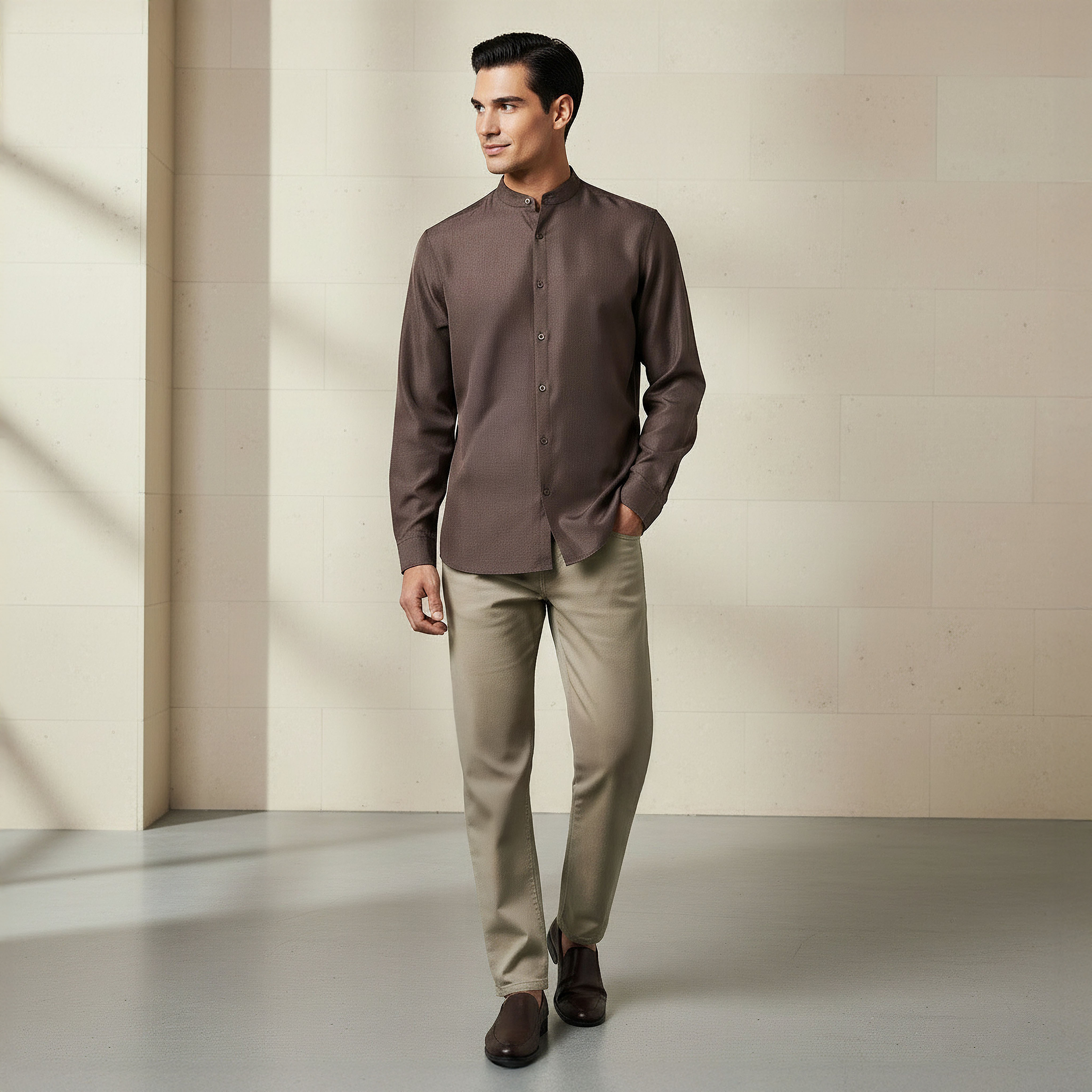 Men Regular Fit Mandarin Collar Long Sleeves Linen Look Shirt-men-clothing-shirts-image-2