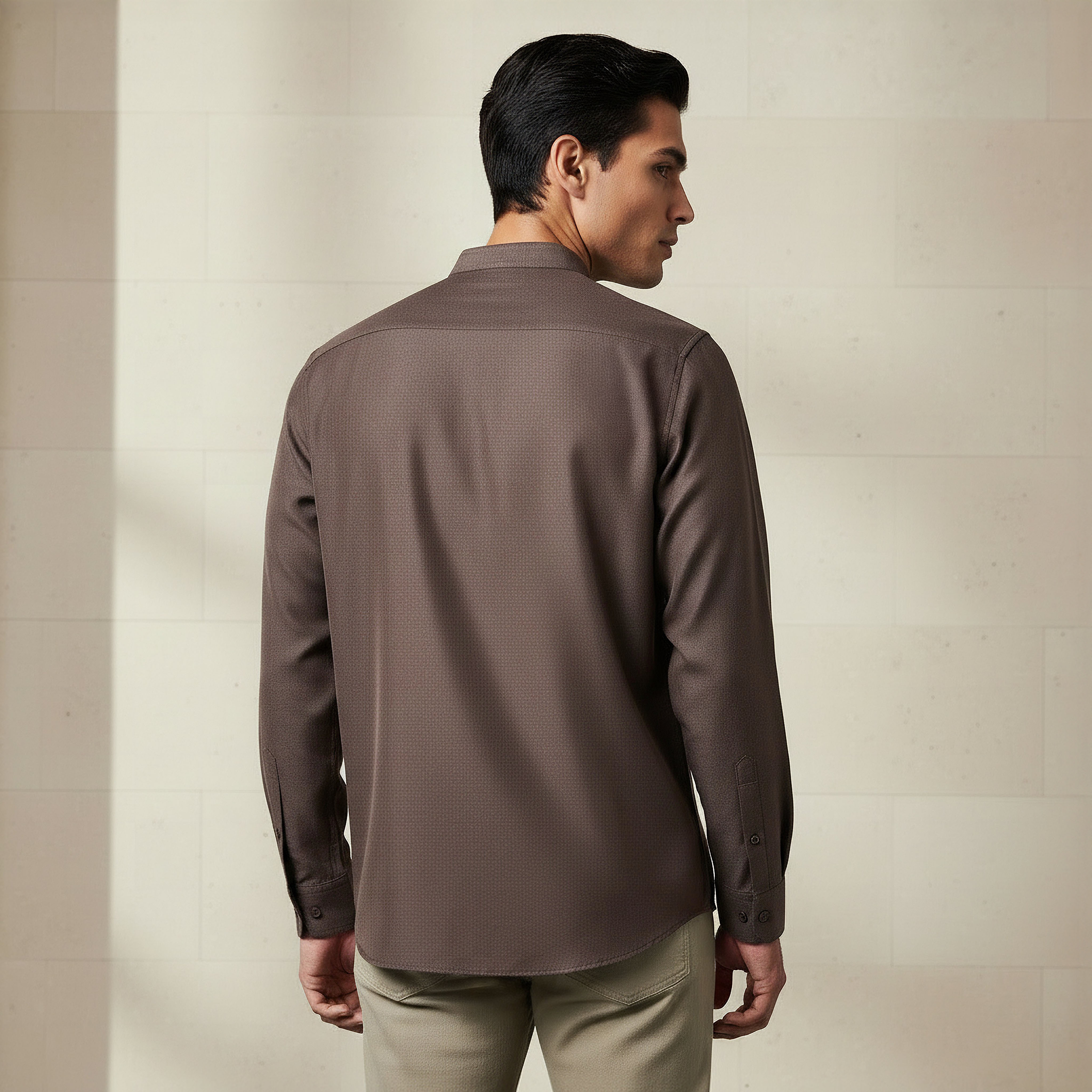 Men Regular Fit Mandarin Collar Long Sleeves Linen Look Shirt-men-clothing-shirts-image-3
