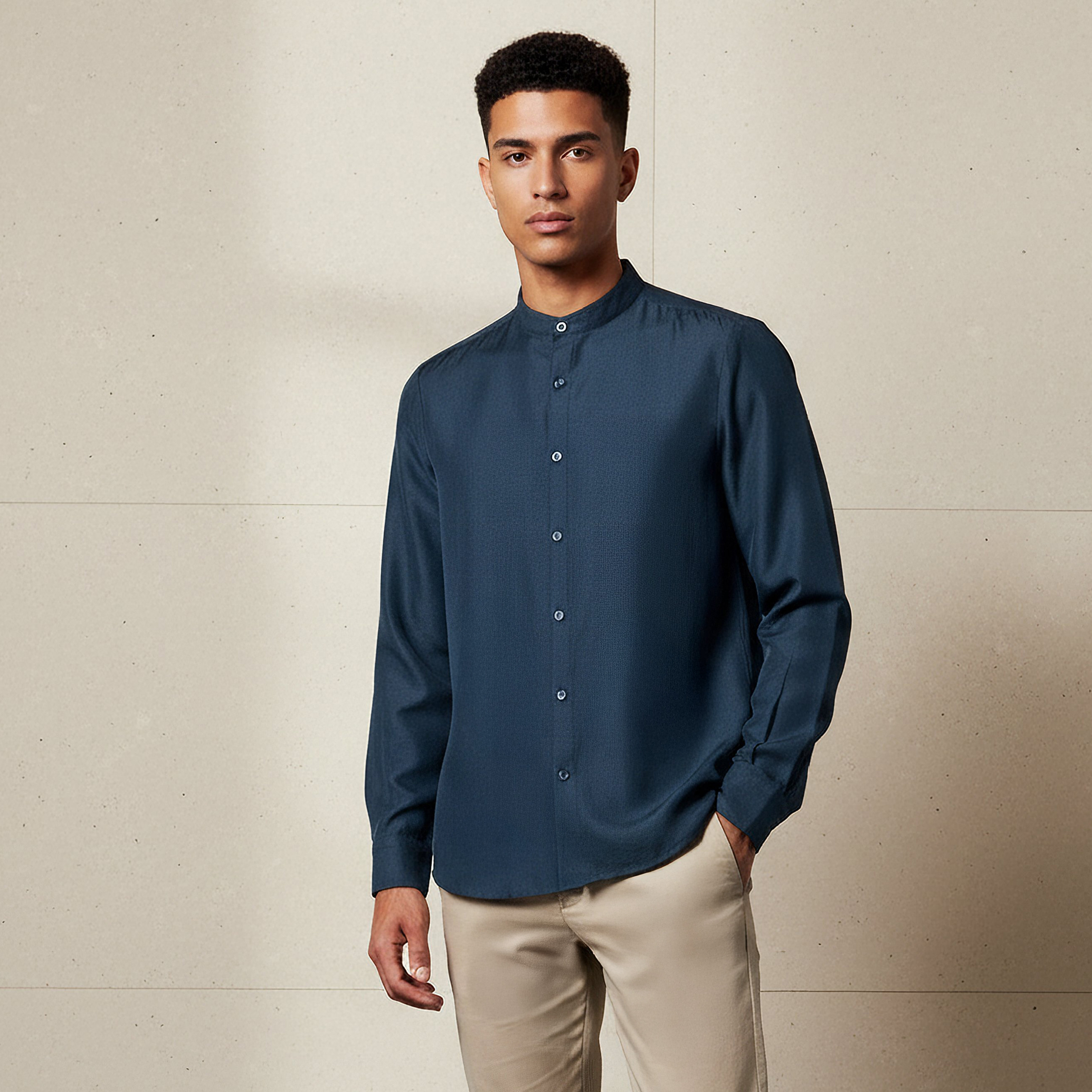 Men Regular Fit Mandarin Collar Long Sleeves Linen Look Shirt-men-clothing-shirts-image-1