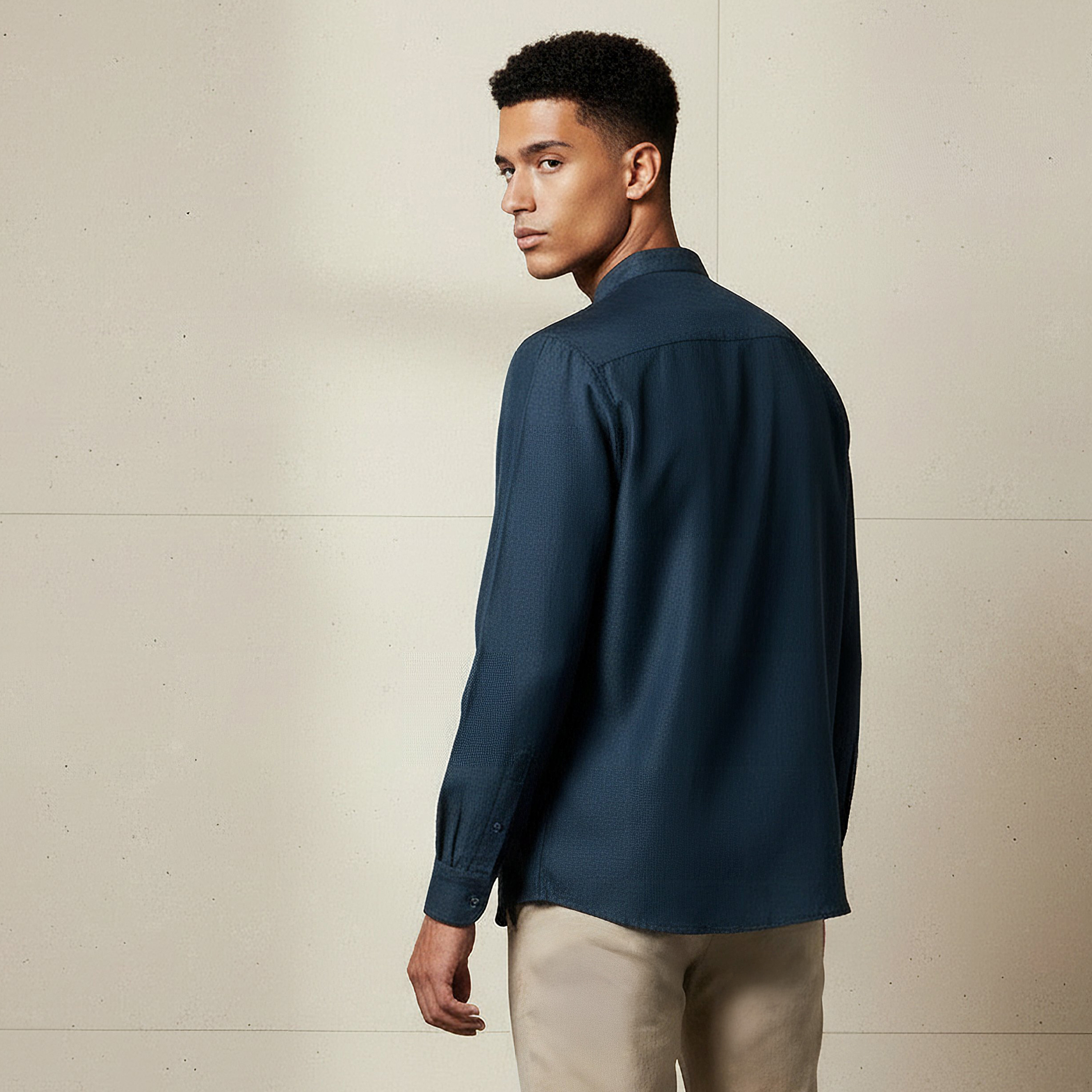 Men Regular Fit Mandarin Collar Long Sleeves Linen Look Shirt-men-clothing-shirts-image-3