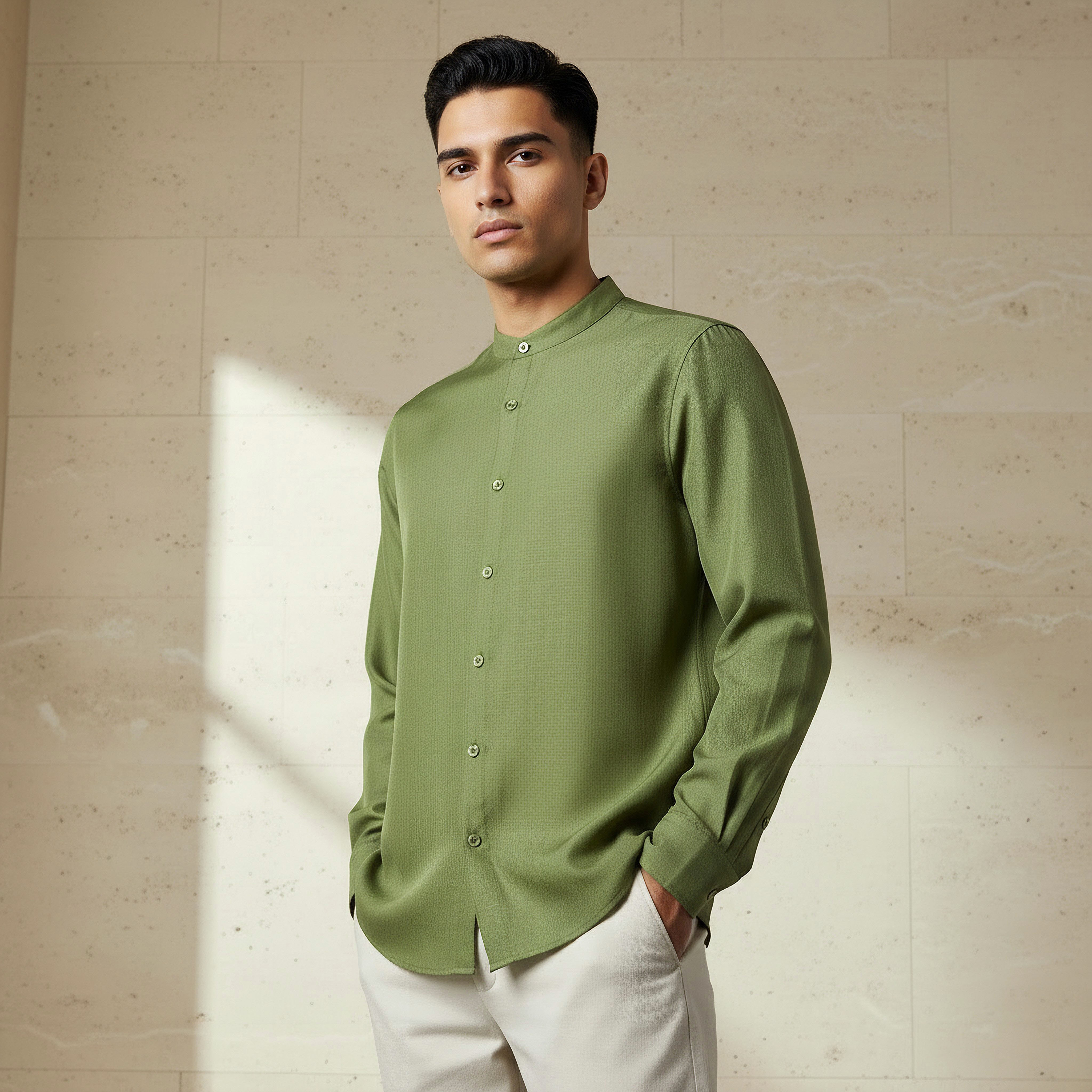 قميص بطلّة كتان وياقة ماندرين وأكمام طويلة وقصة عادية للرجال-men-clothing-shirts-image-1
