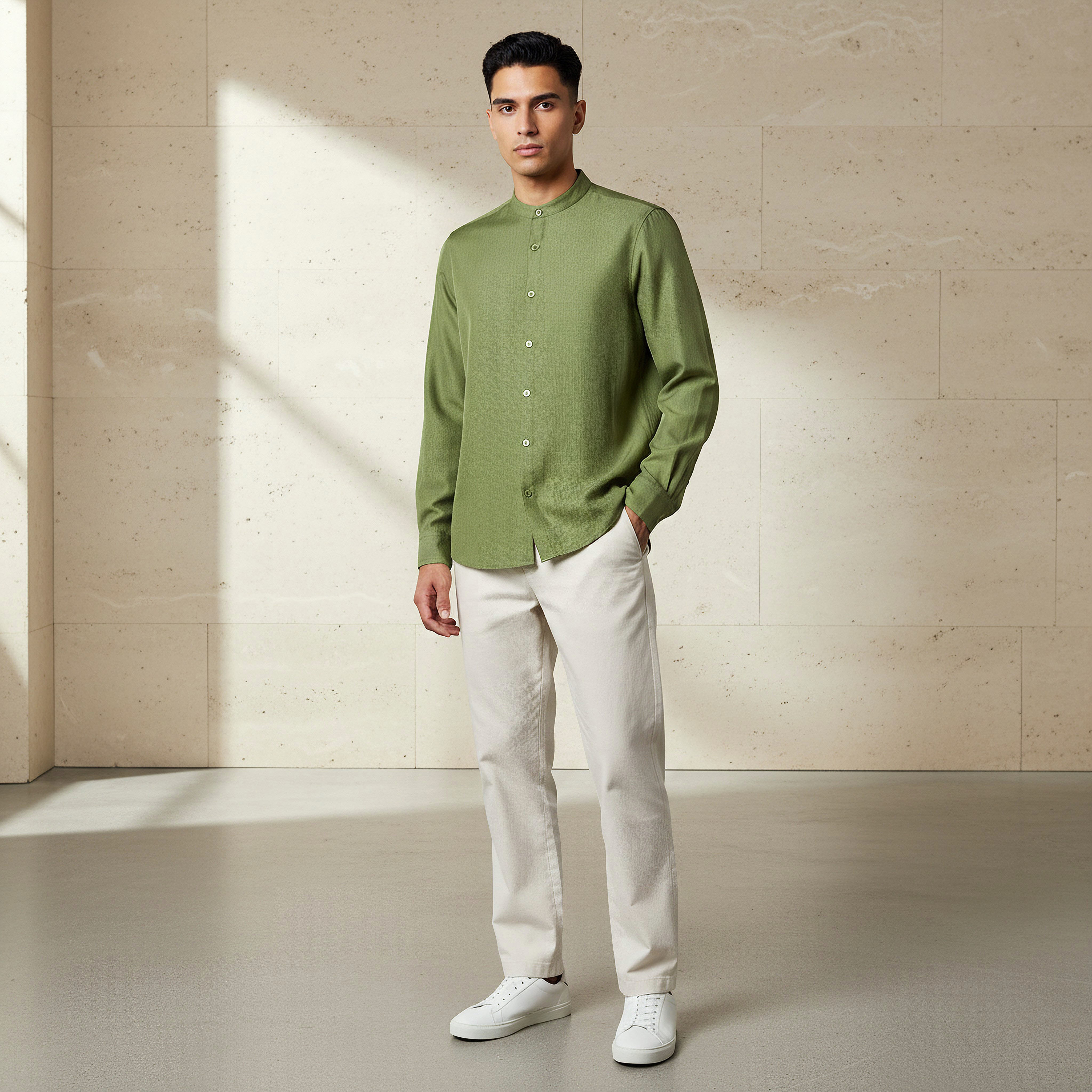 قميص بطلّة كتان وياقة ماندرين وأكمام طويلة وقصة عادية للرجال-men-clothing-shirts-image-2