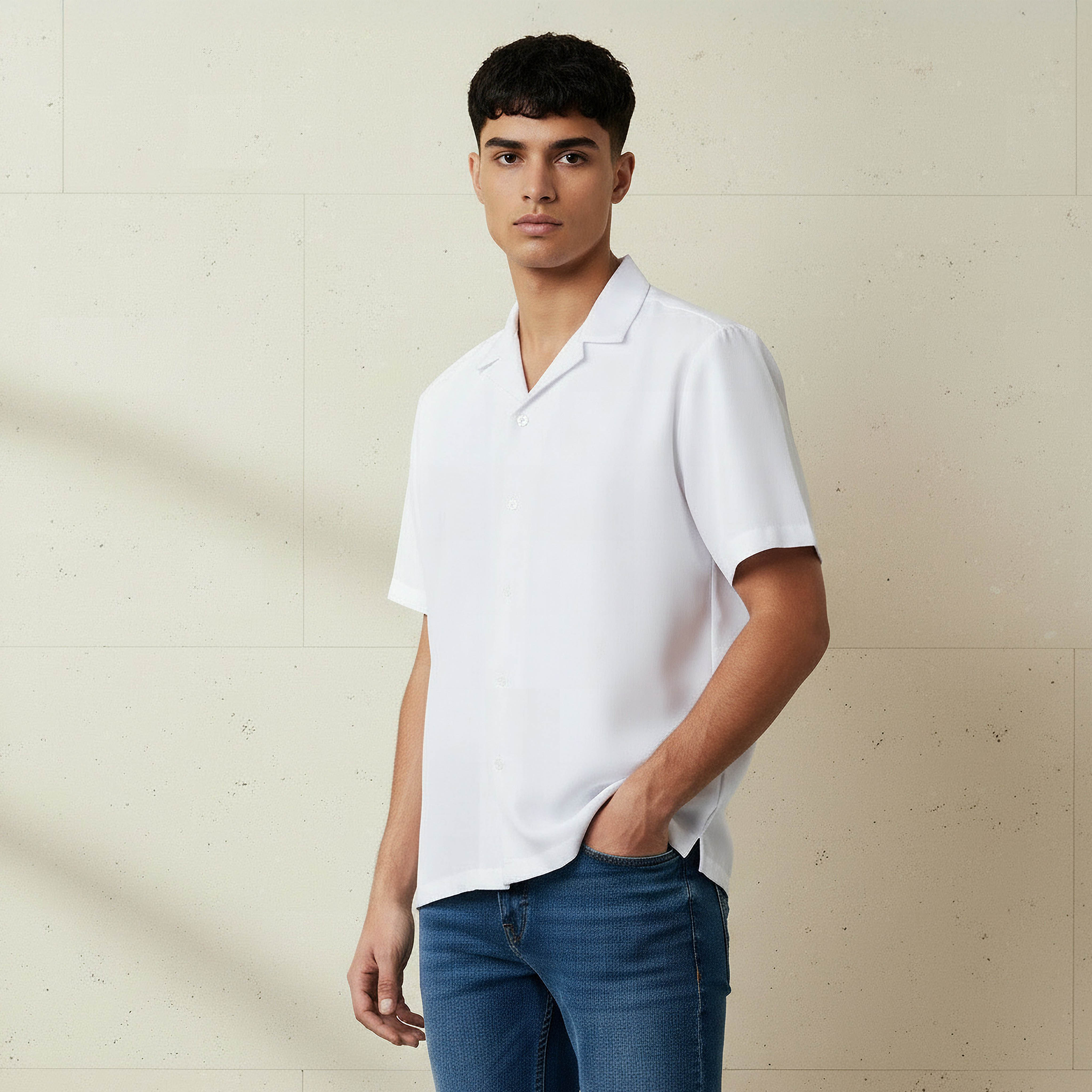 Men Regular Fit Camp Collar Textured Short Sleeves Shirt-men-clothing-shirts-image-1
