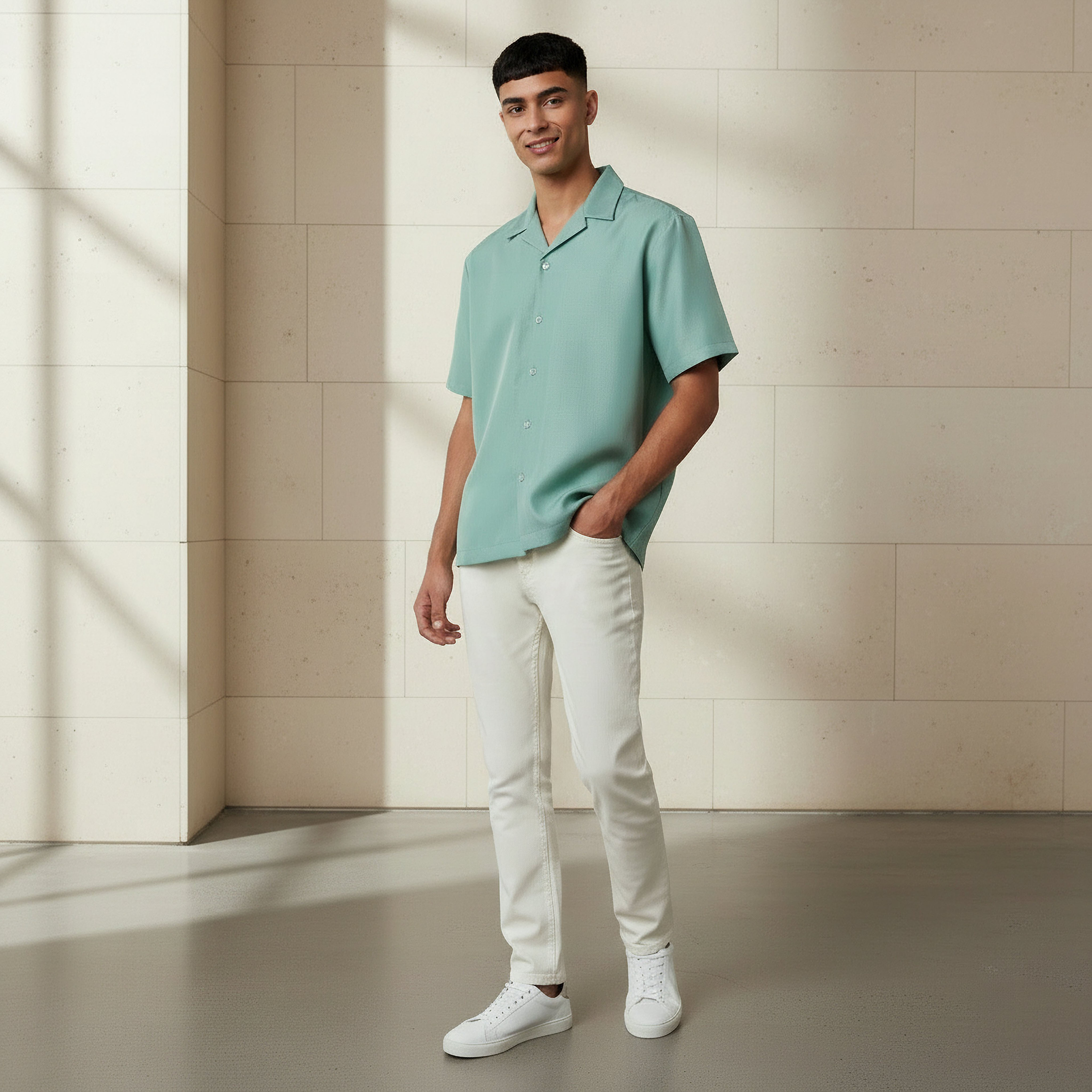 قميص بارز الملمس بياقة كامب وأكمام قصيرة وقصة عادية للرجال-men-clothing-shirts-image-2