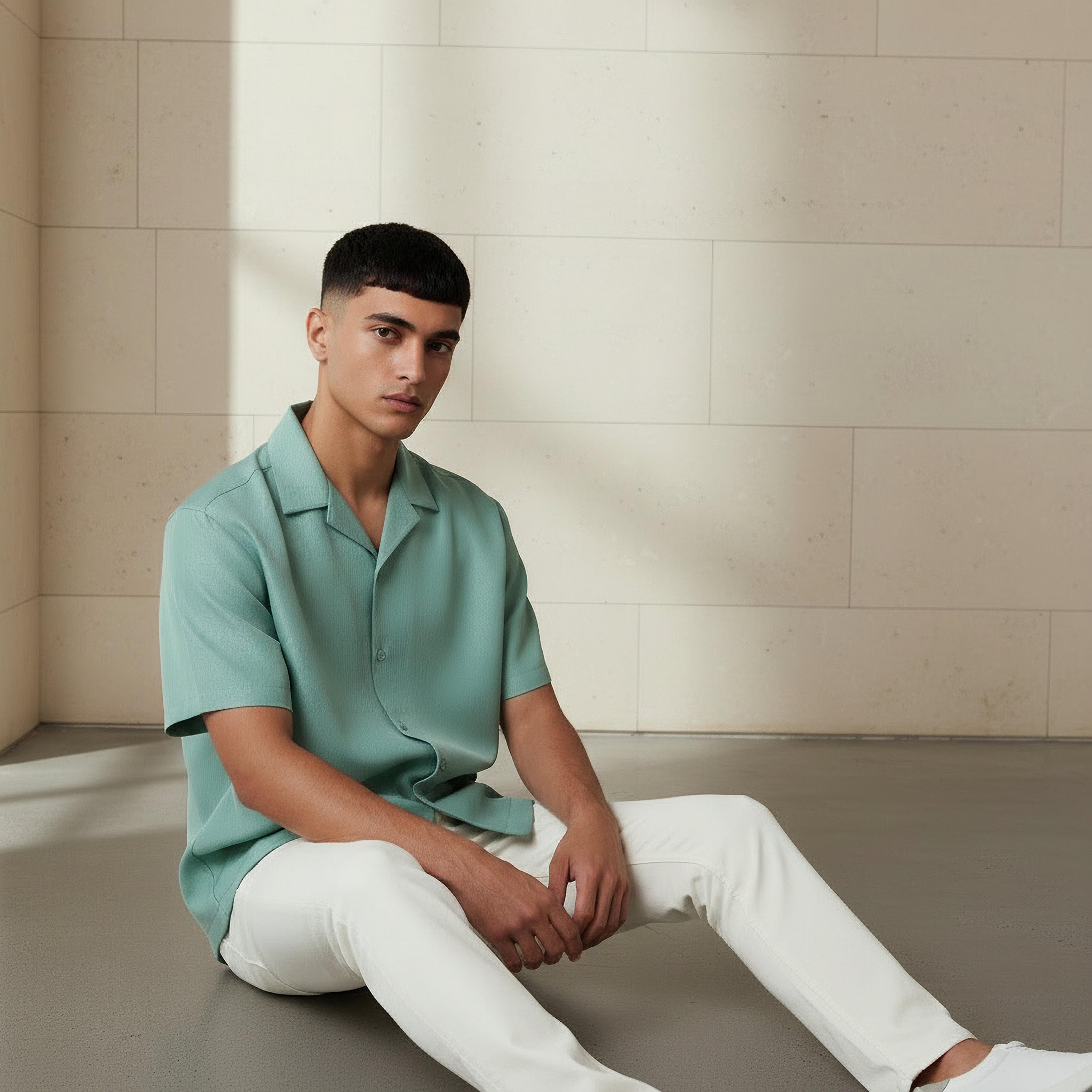 قميص بارز الملمس بياقة كامب وأكمام قصيرة وقصة عادية للرجال-men-clothing-shirts-image-5
