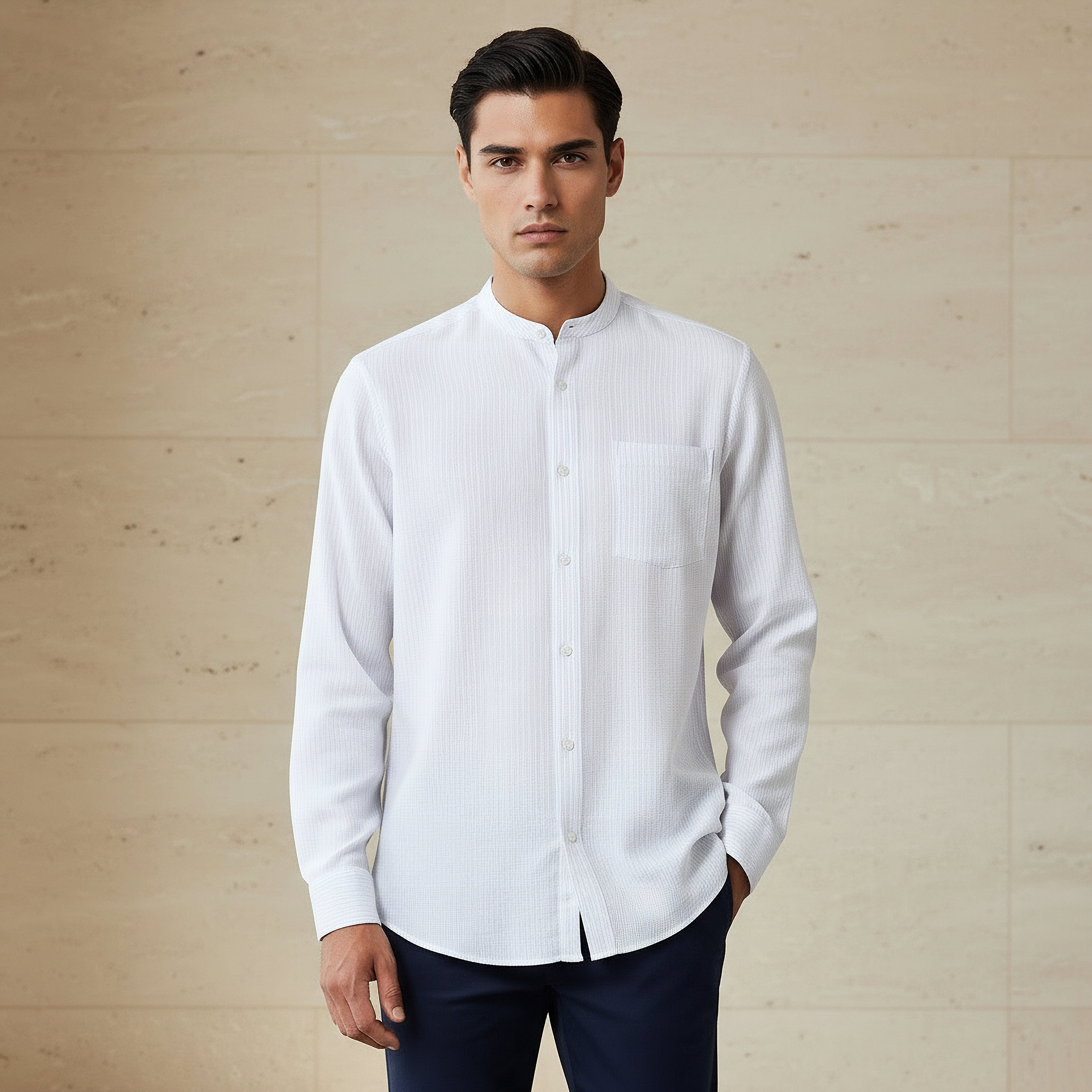 Men Regular Fit Mandarin Collar Striped Long Sleeves Shirt-men-clothing-shirts-image-1