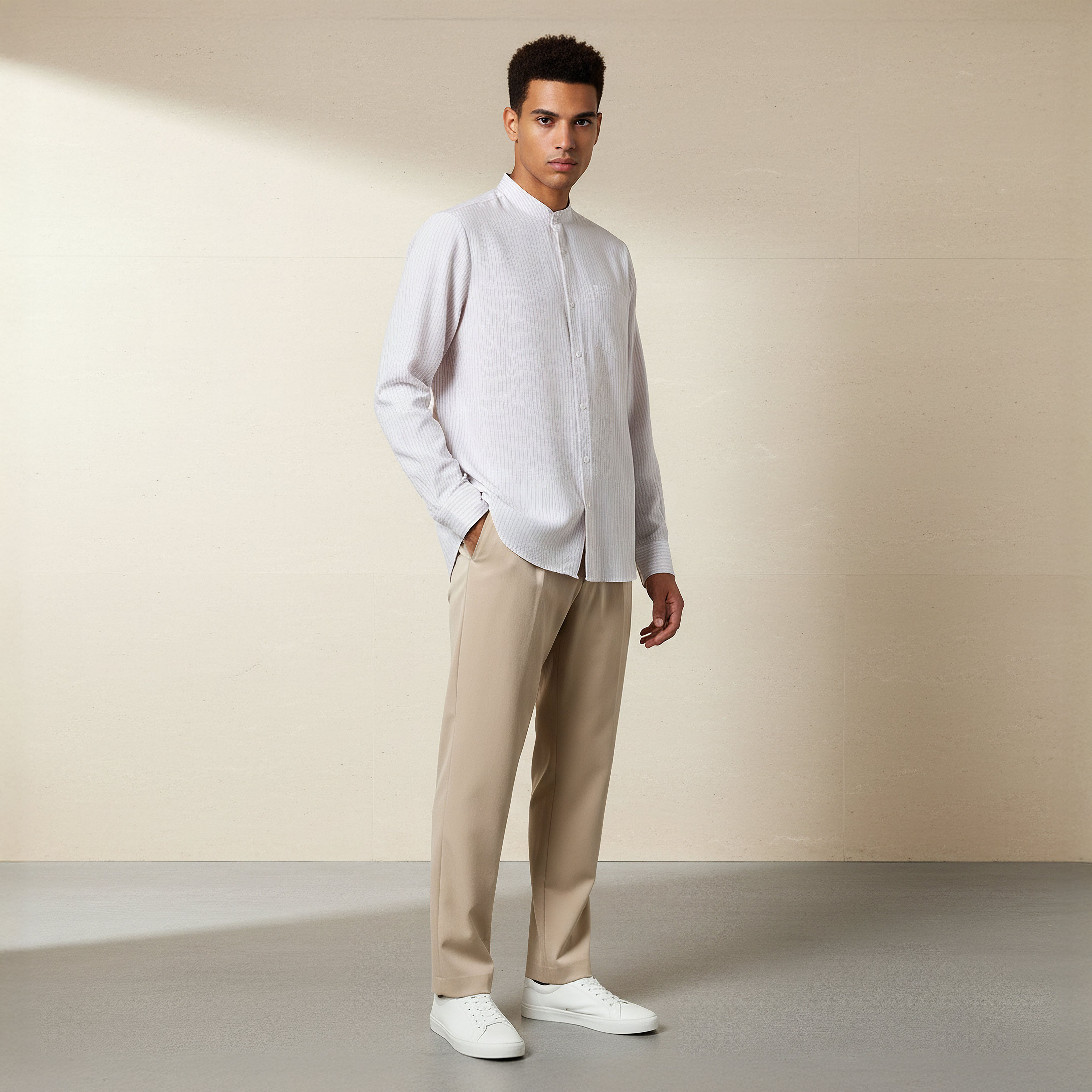 Men Regular Fit Mandarin Collar Striped Long Sleeves Shirt-men-clothing-shirts-image-2