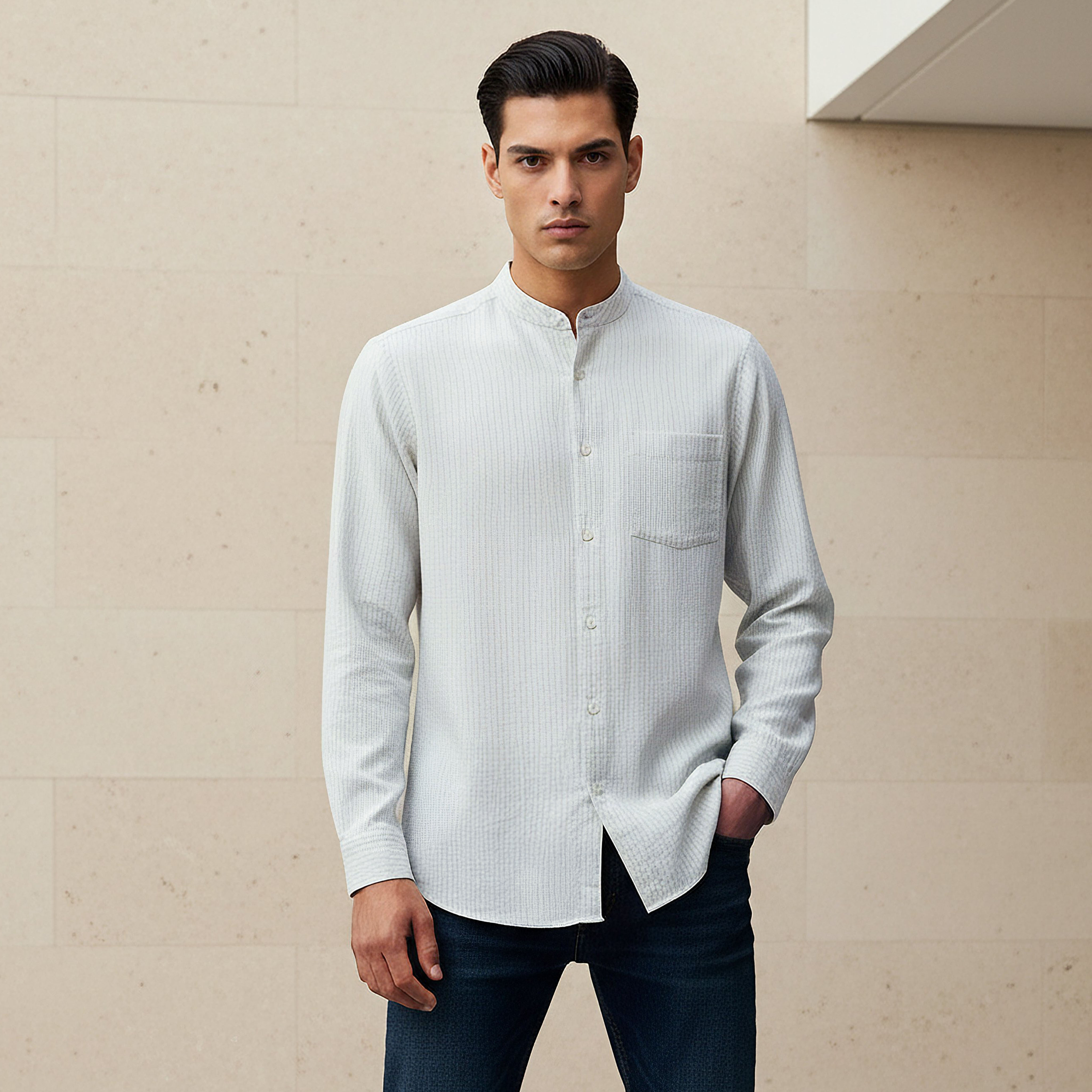 Men Regular Fit Mandarin Collar Striped Long Sleeves Shirt-men-clothing-shirts-image-1