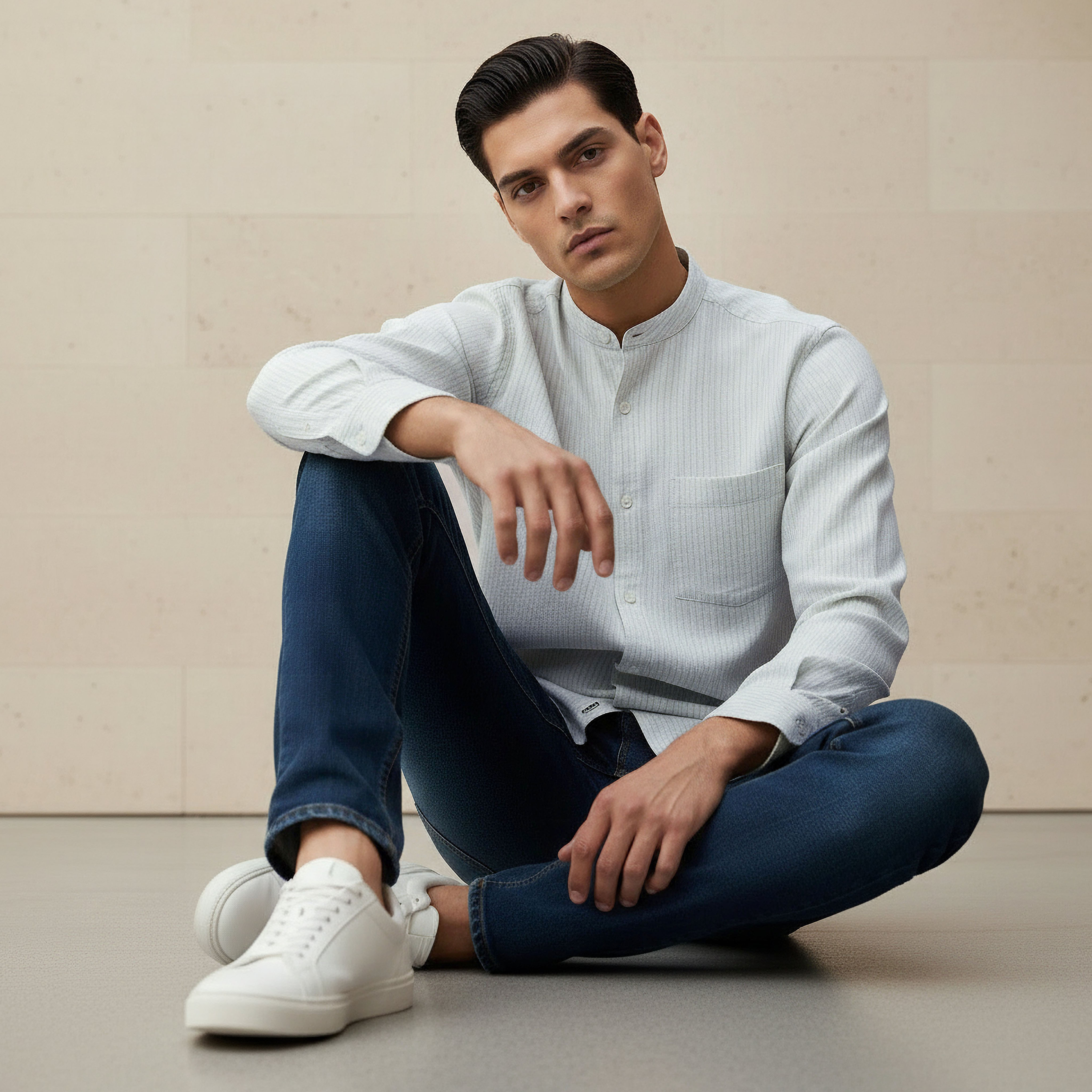 Men Regular Fit Mandarin Collar Striped Long Sleeves Shirt-men-clothing-shirts-image-2