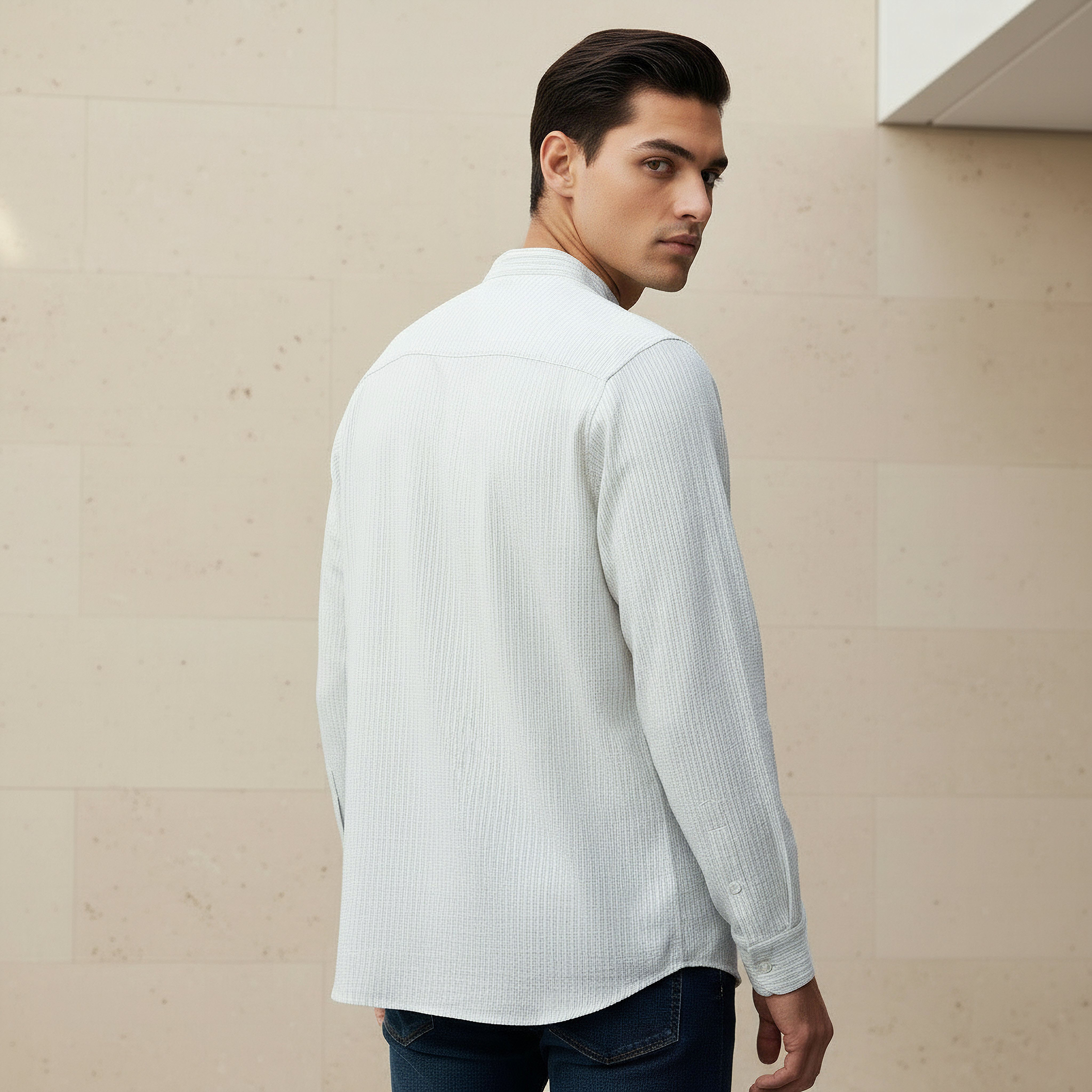 Men Regular Fit Mandarin Collar Striped Long Sleeves Shirt-men-clothing-shirts-image-3